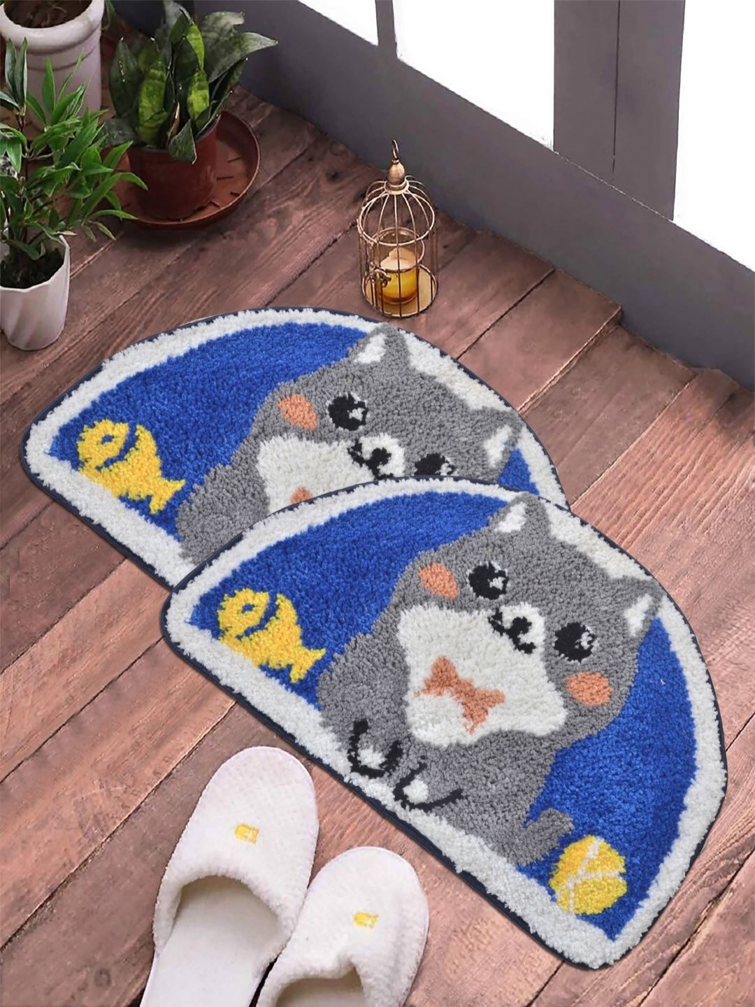 

FABINALIV Blue & White 2 Pieces Cartoon Printed Anti Skid Door Mats