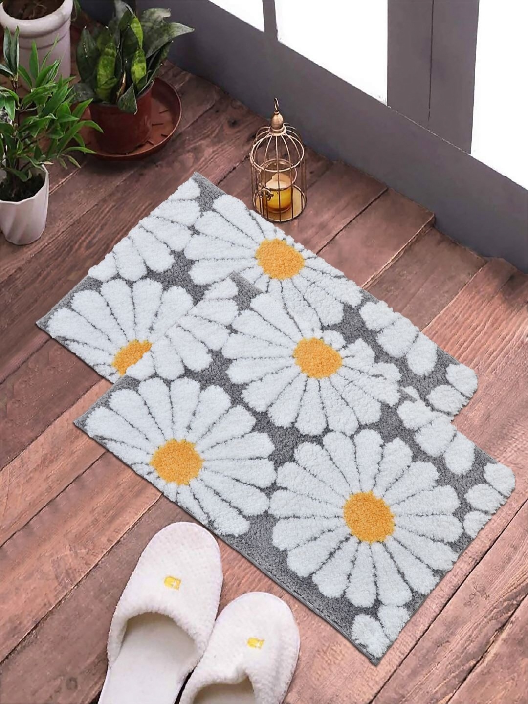 

FABINALIV Grey & White 2 Pieces Floral Printed Anti Skid Door Mats