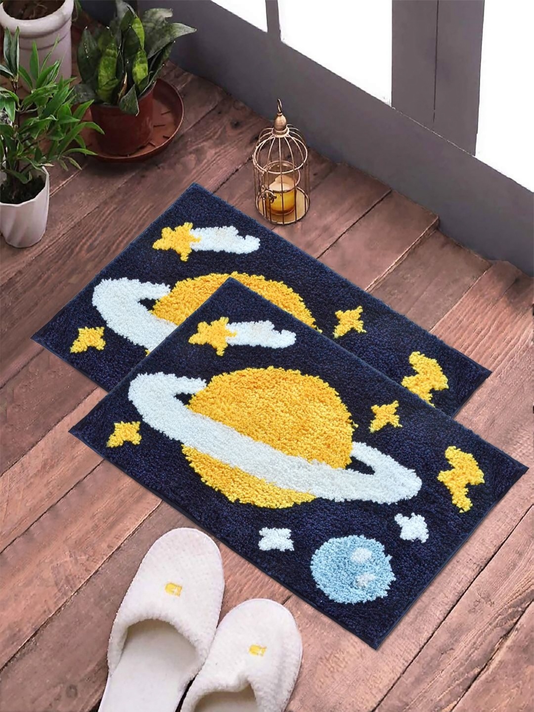 FABINALIV Blue & Yellow 2 Pieces Printed Anti Skid Door Mats