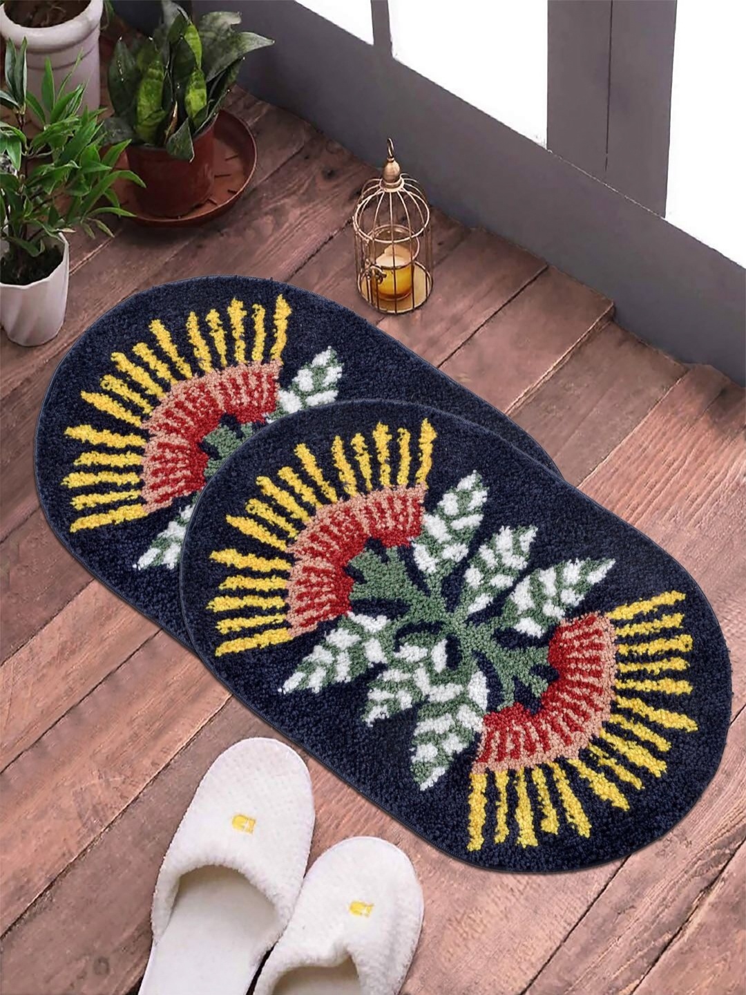 FABINALIV Blue & Yellow 2 Pieces Floral Printed Anti Skid Door Mats