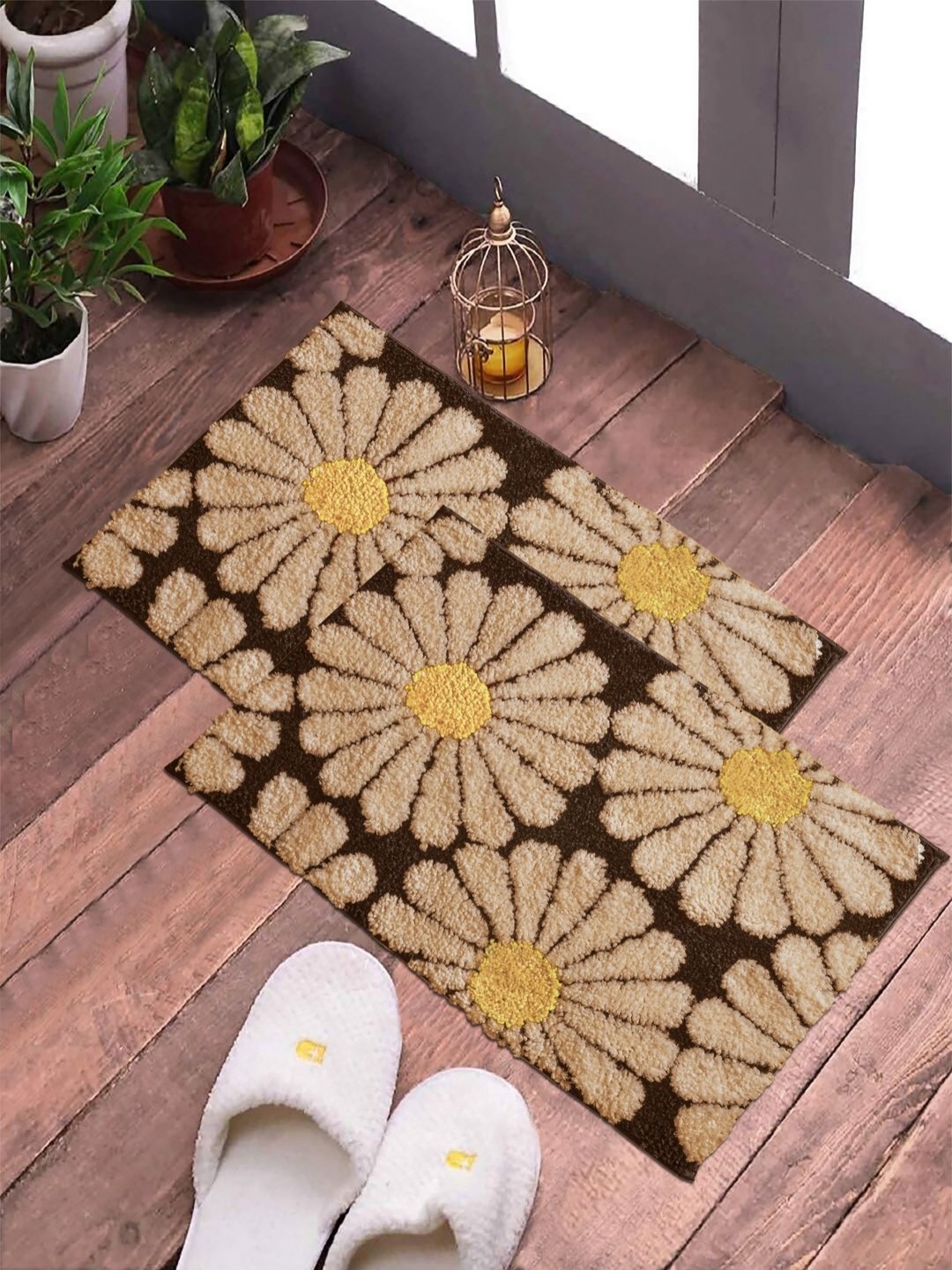 

FABINALIV Brown and Beige 2 Pieces Floral Printed Anti Skid Door Mats