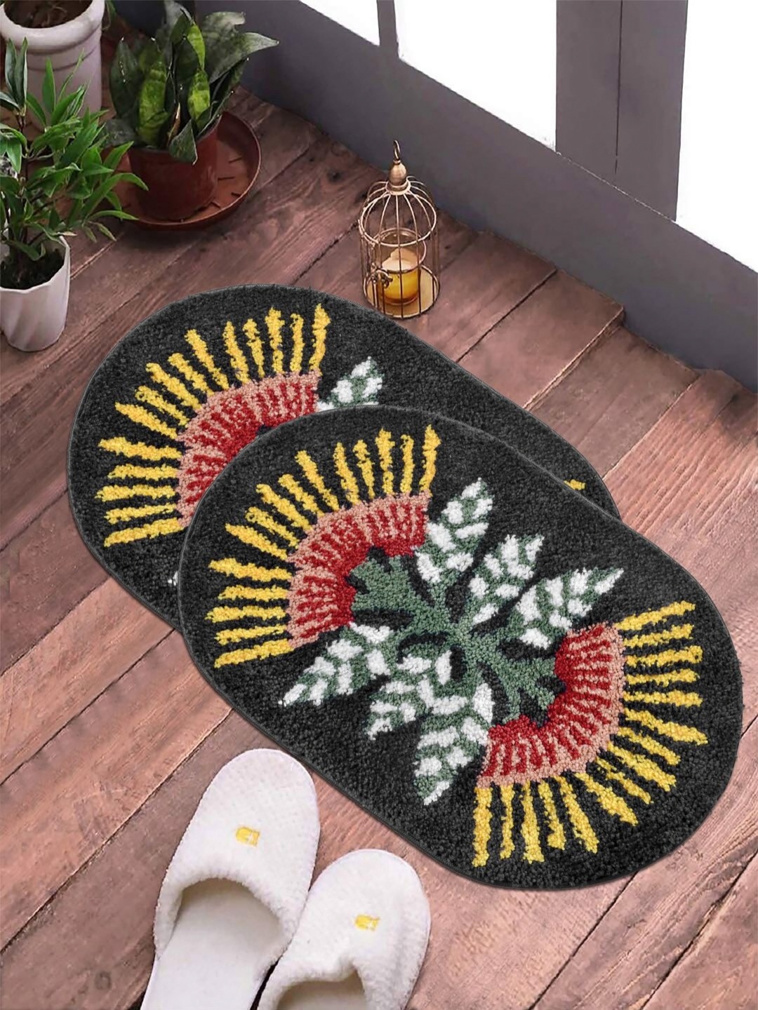 

FABINALIV Grey and White 2 Pieces Floral Printed Anti Skid Door Mats