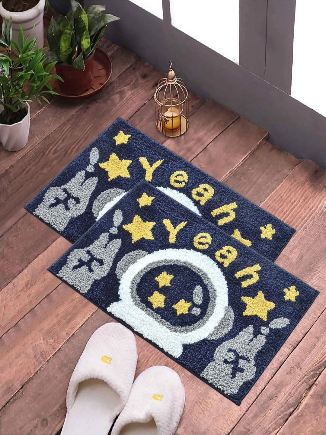 FABINALIV Blue & White 2 Pieces Abstract Printed Anti Skid Door Mats