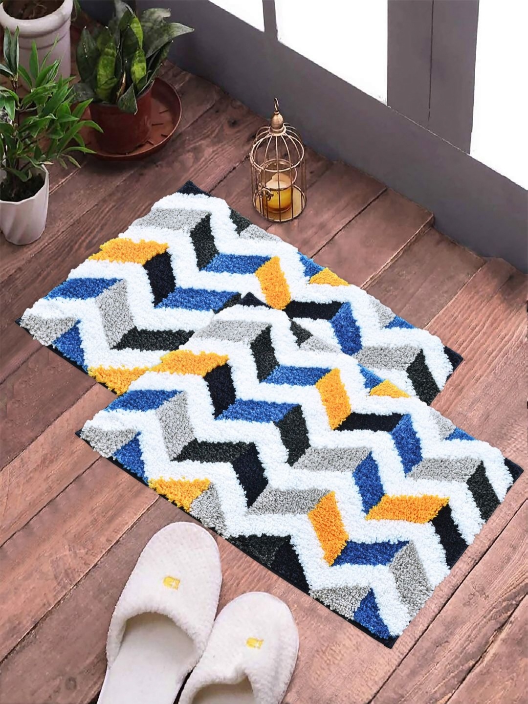 

FABINALIV Grey & Yellow 2 Pieces Self-Design Anti Skid Door Mats