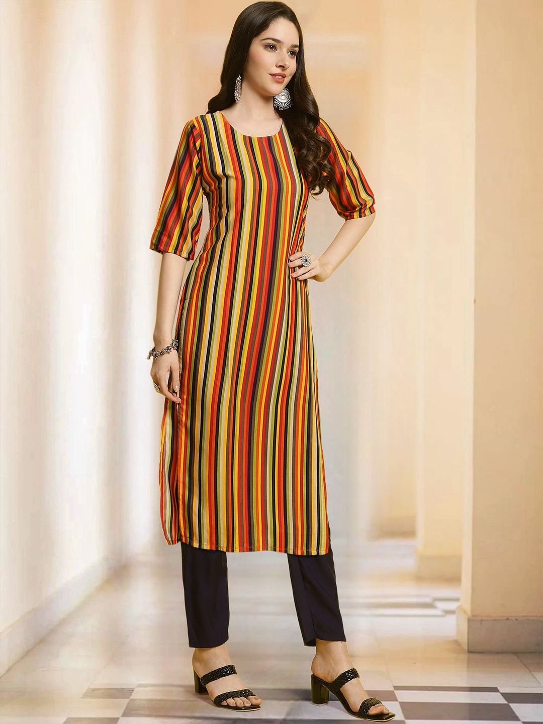 

7Threads Striped Round Neck Straight Kurta With Trouser, Yellow