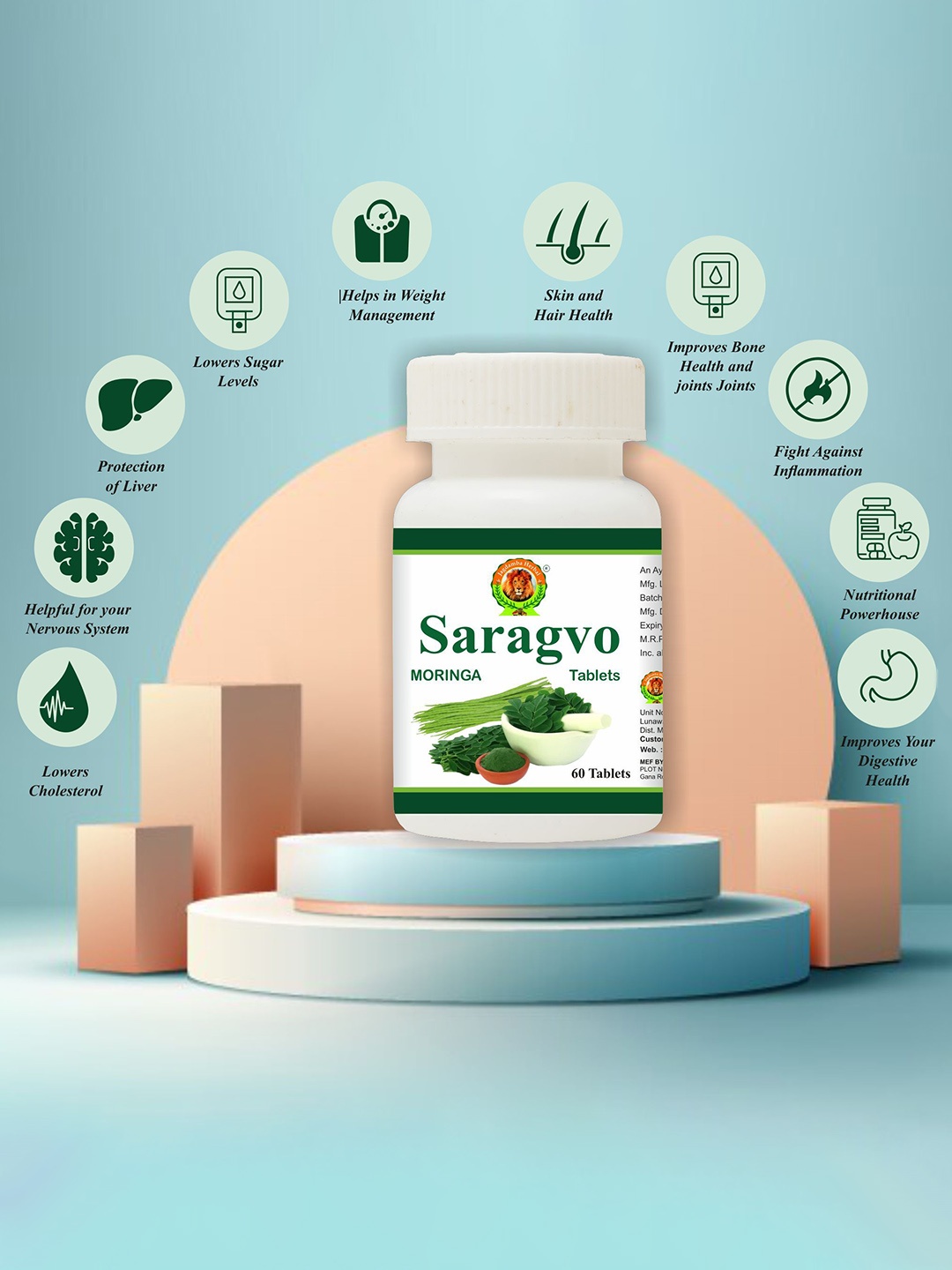

Jagdamba Herbal Moringa Tablets For Health & Wellness - 60 Tablets, Green