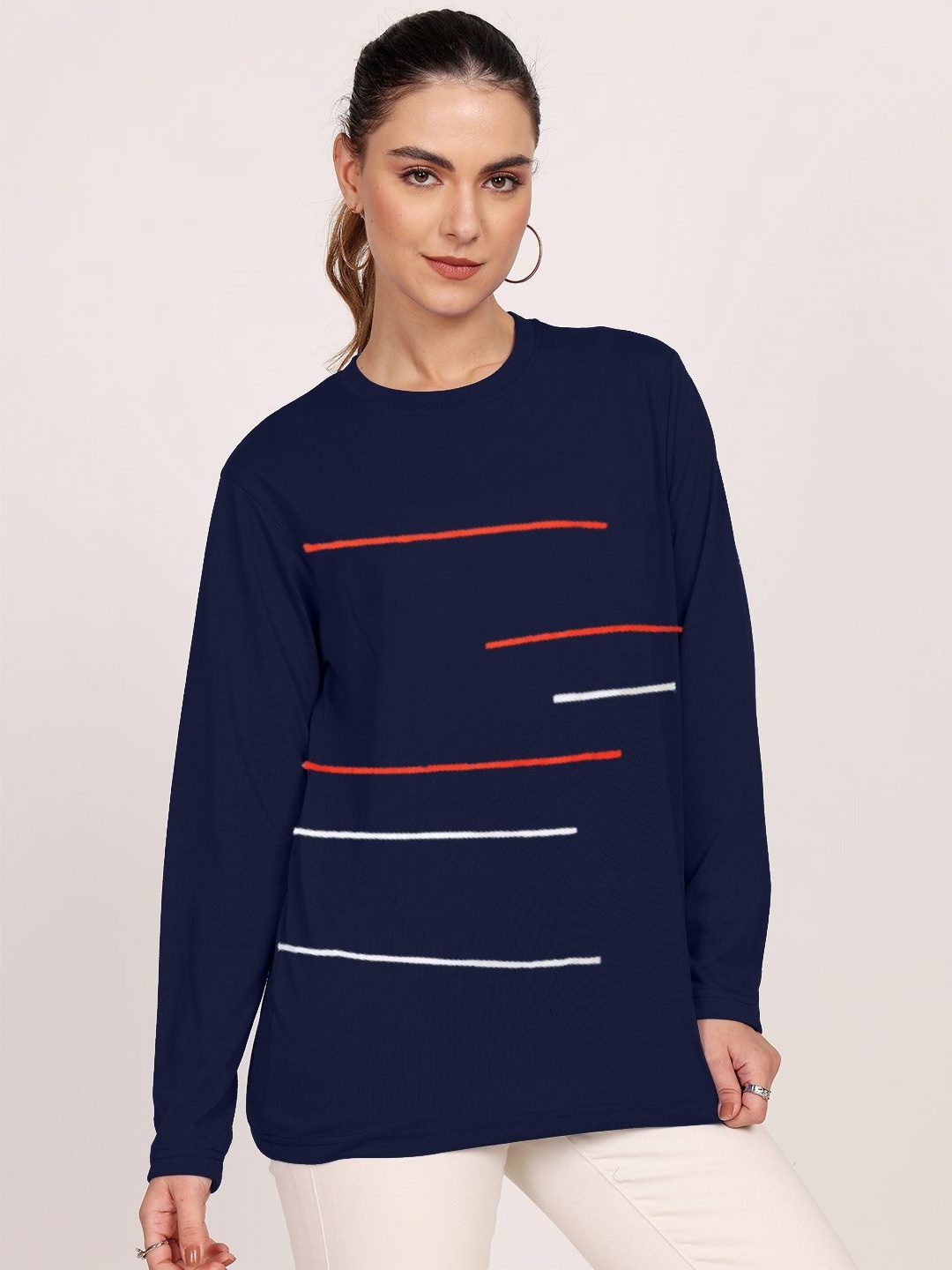 

Leotude Women Striped Round Neck Cotton Boxy T-shirt, Navy blue