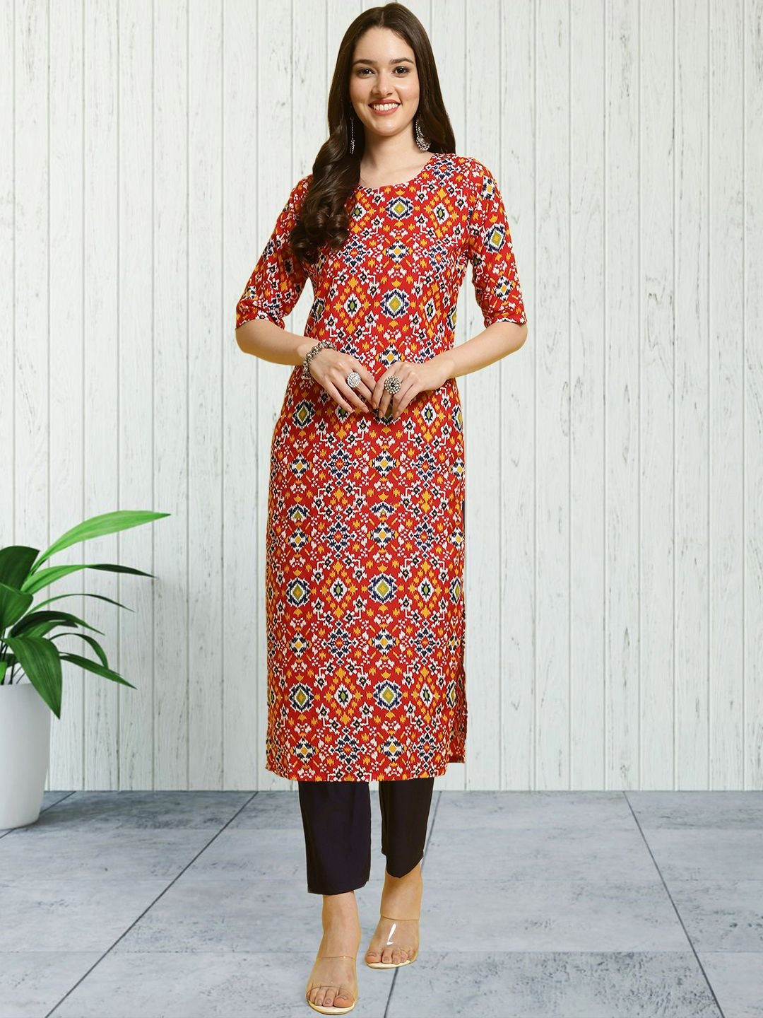 

7Threads Geometric Printed Round Neck Straight Kurta With Trouser, Red