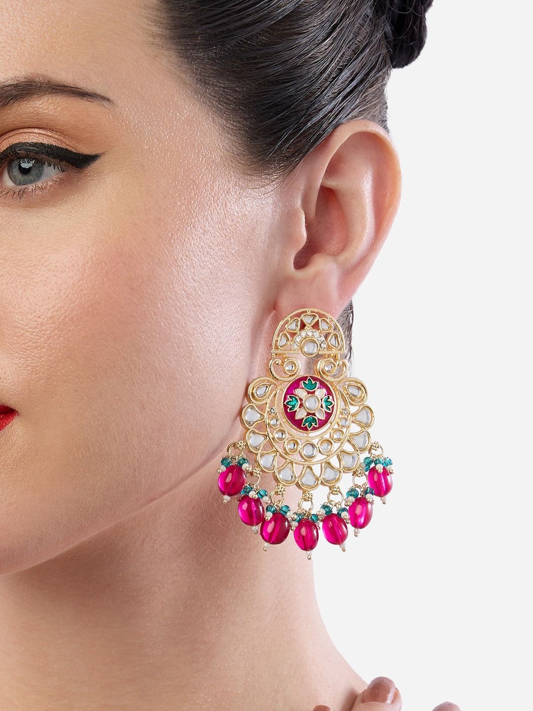 

Zaveri Pearls Gold-Plated Artificial Kundan Studded And Beaded Drop Earrings, Pink