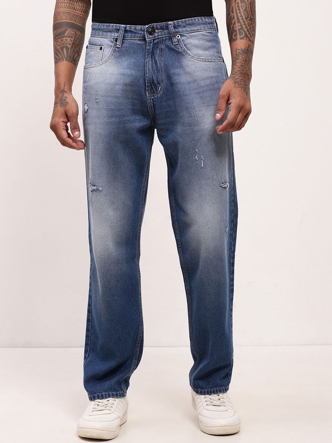 

SHOWOFF Men Comfort Straight Fit Low Distress Low-Rise Cotton Jeans, Blue