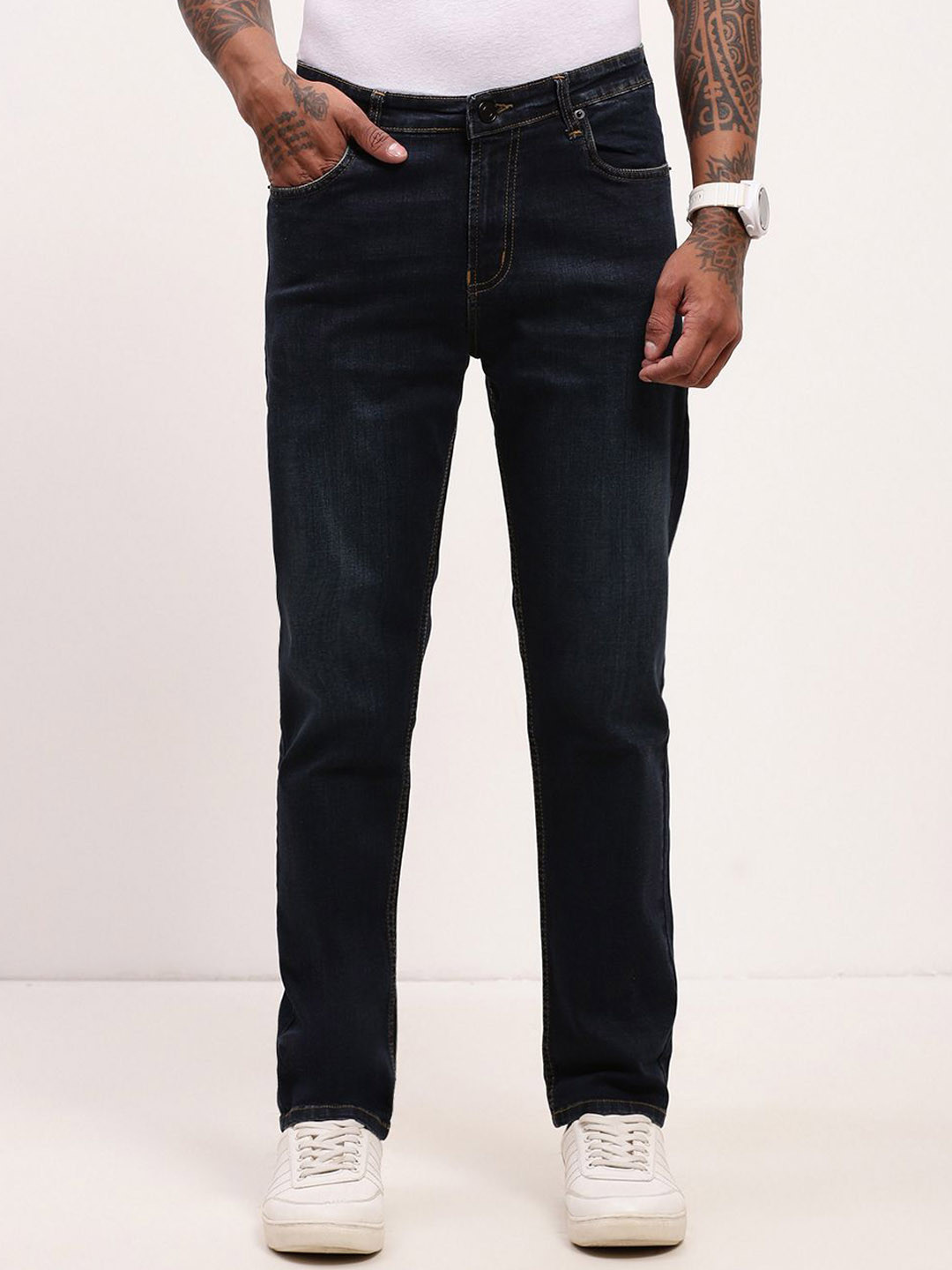 

SHOWOFF Men Comfort Straight Fit Low-Rise Acid Wash Jeans, Navy blue