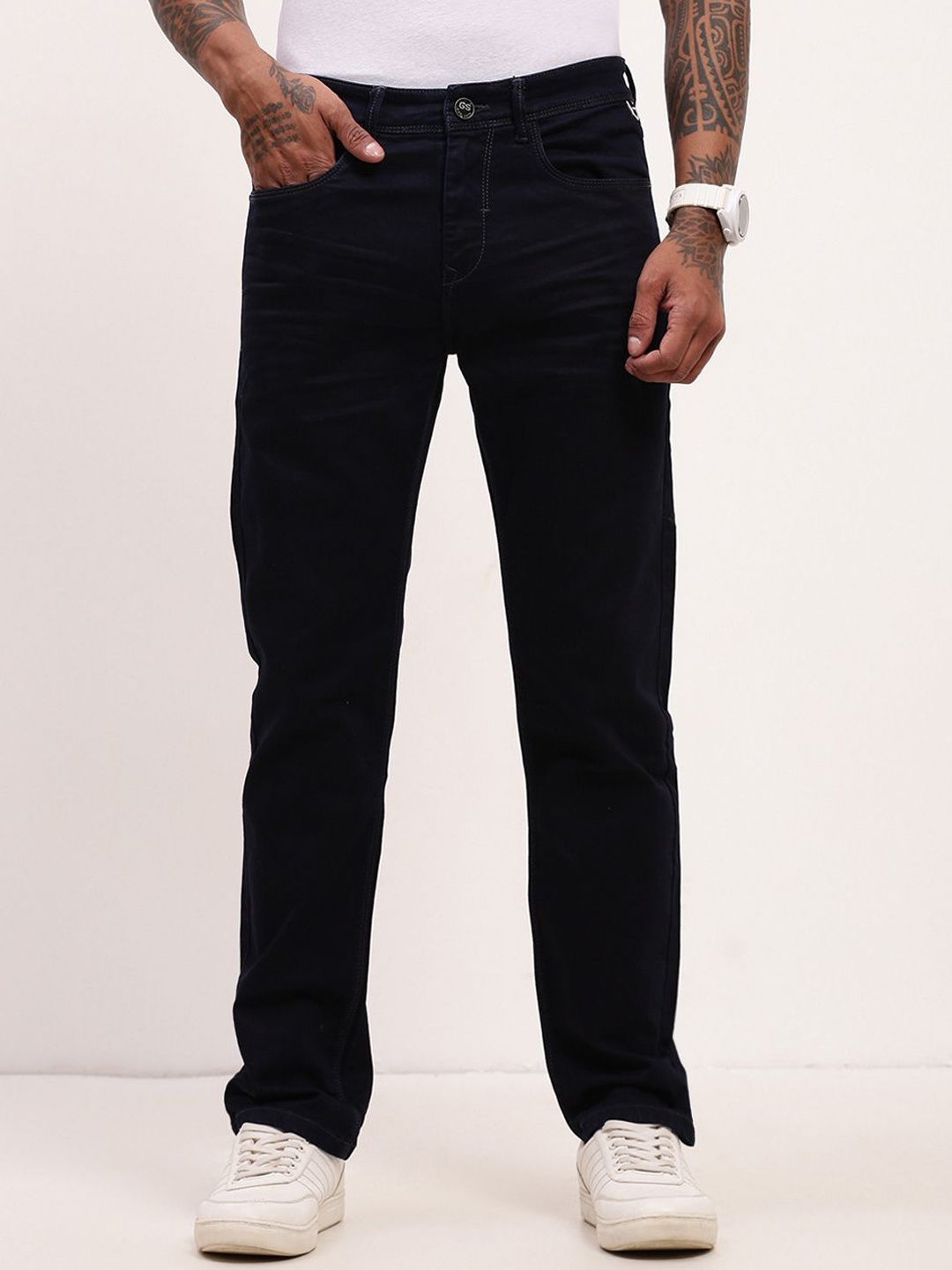 

SHOWOFF Men Comfort Straight Fit Low-Rise Acid Wash Stretchable Jeans, Navy blue