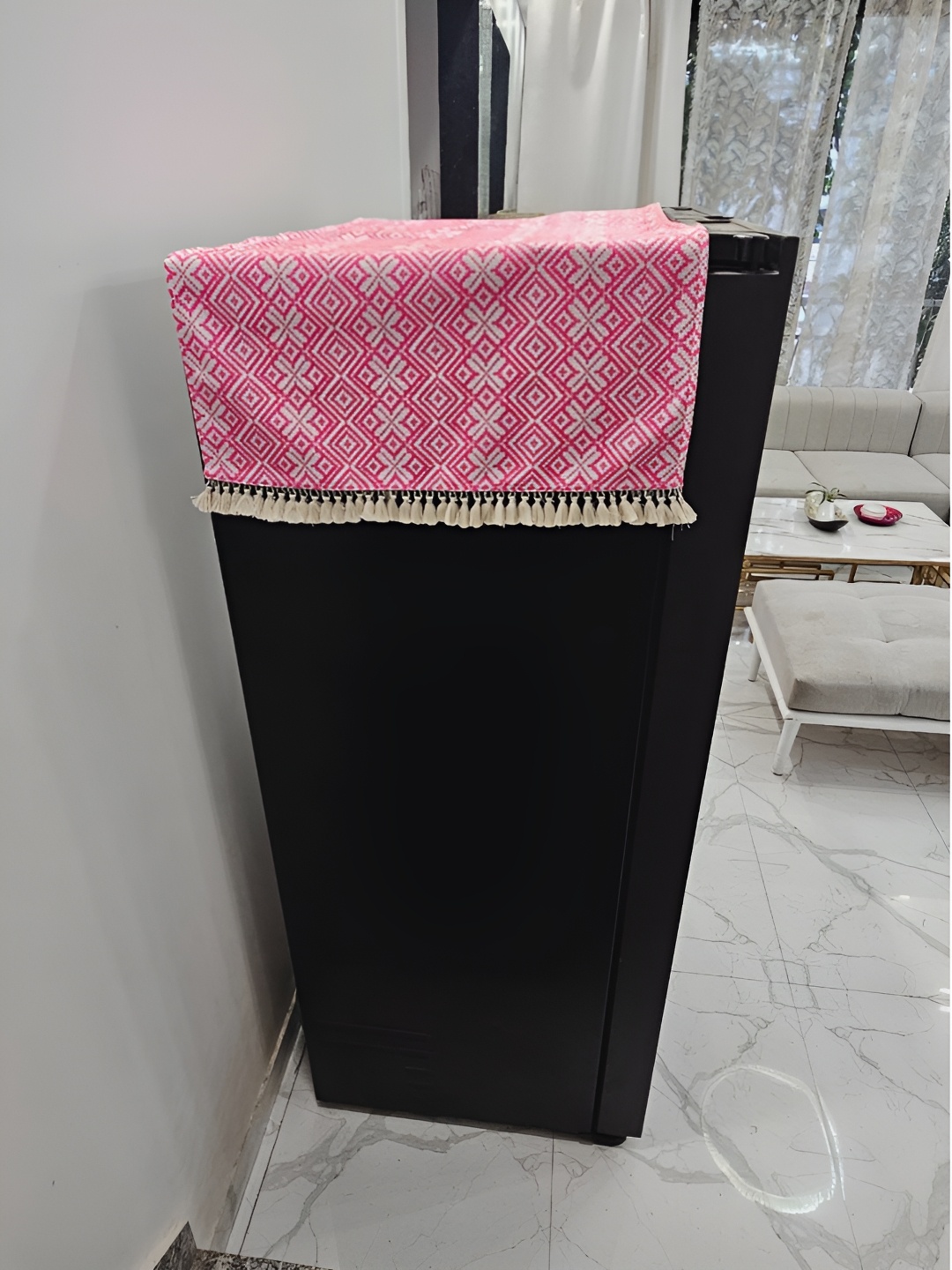 THROWPILLOW Pink & White Geometric Printed Fridge Cover With Tassels