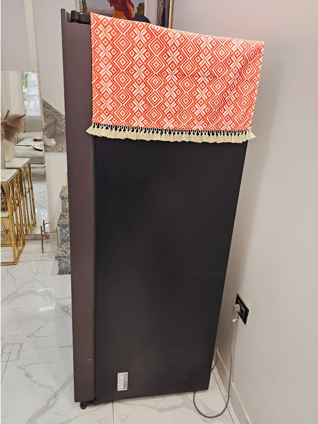 

THROWPILLOW Orange-Coloured and White Geometric Printed Fridge Cover
