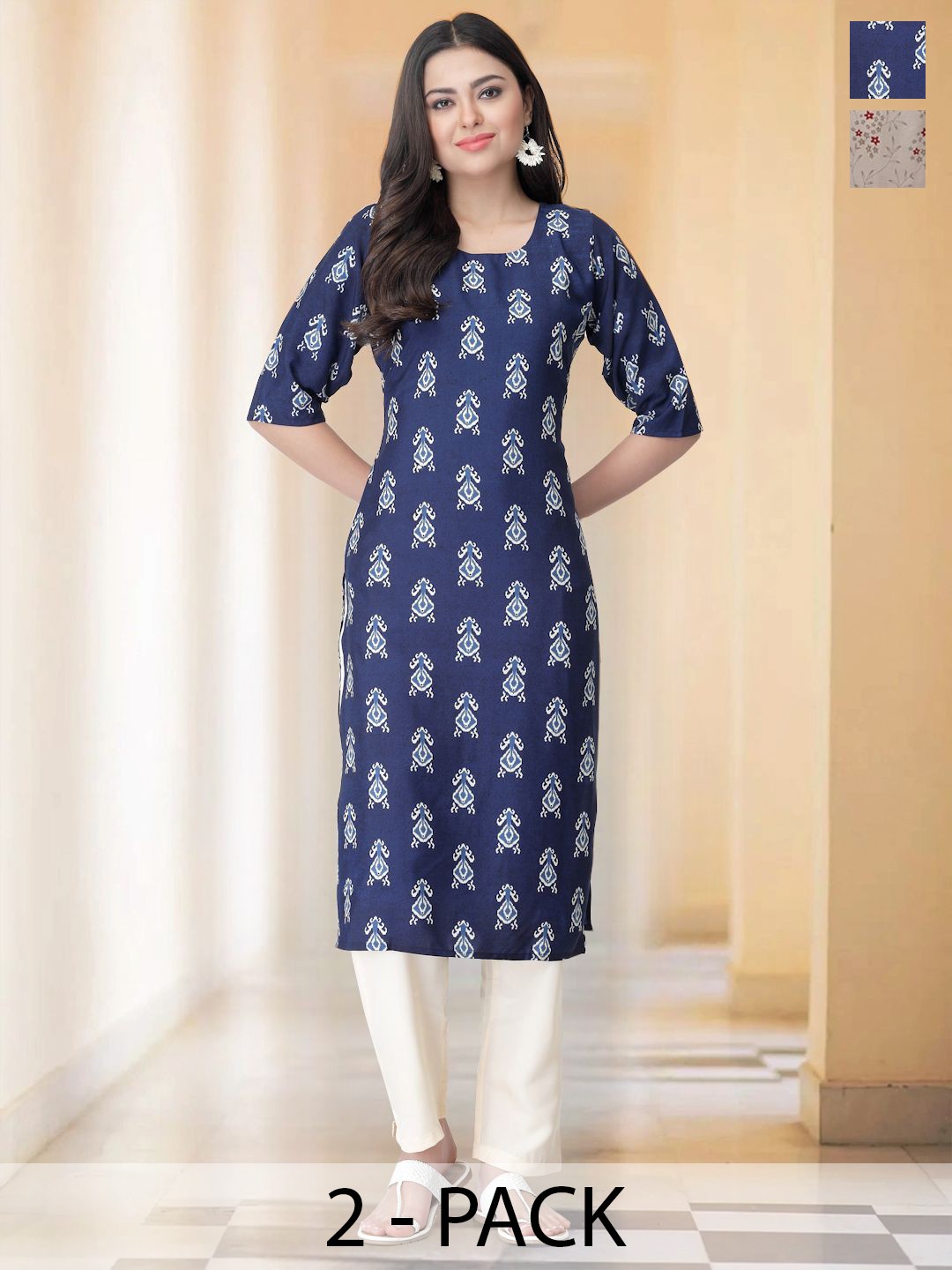 

7Threads Selection Of 2 Ethnic Motifs Printed Straight Kurta With Trousers, Blue