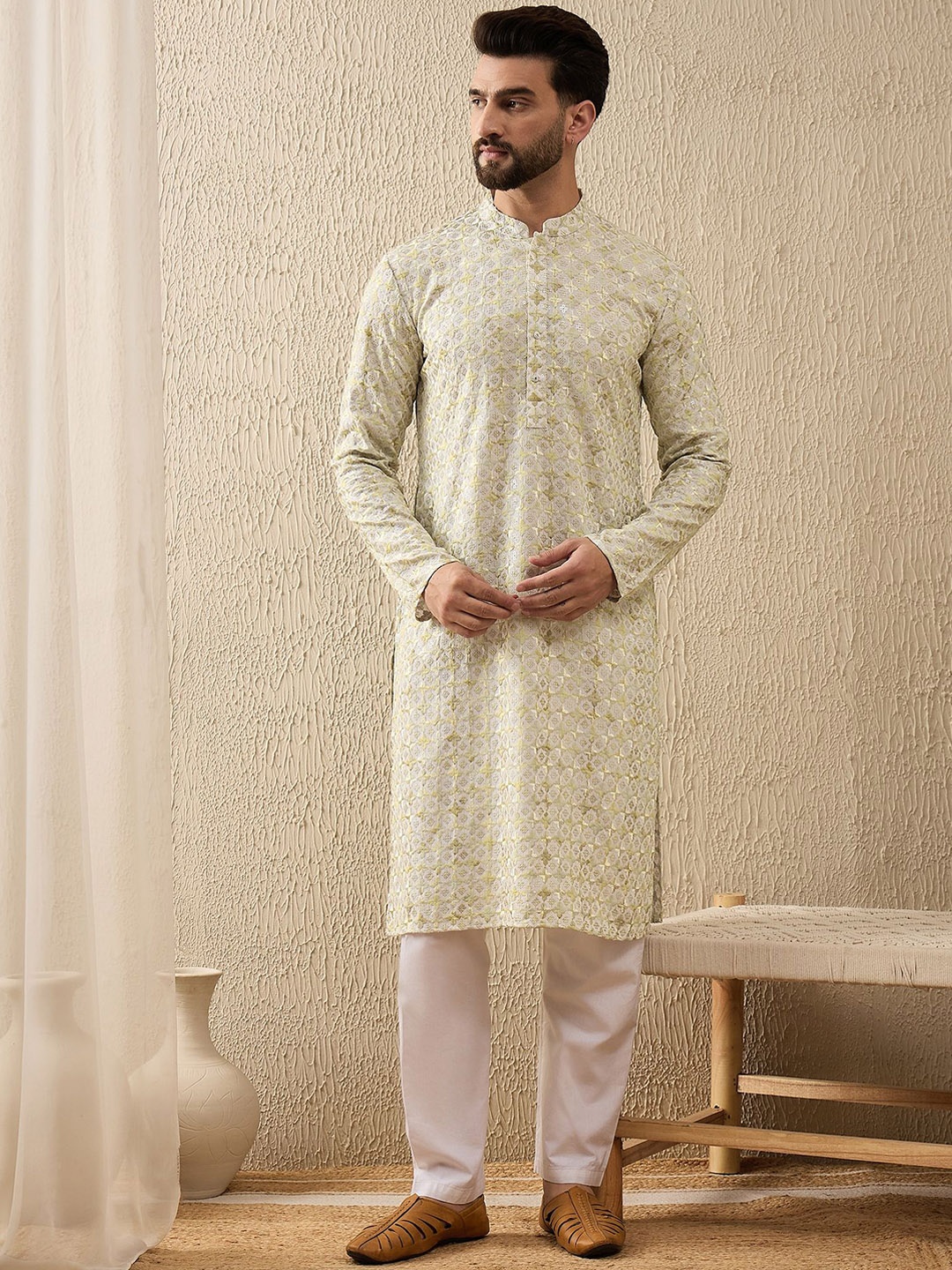 SWAGG INDIA Floral Embroidered Mandarin Collar Sequinned Straight Kurta, White