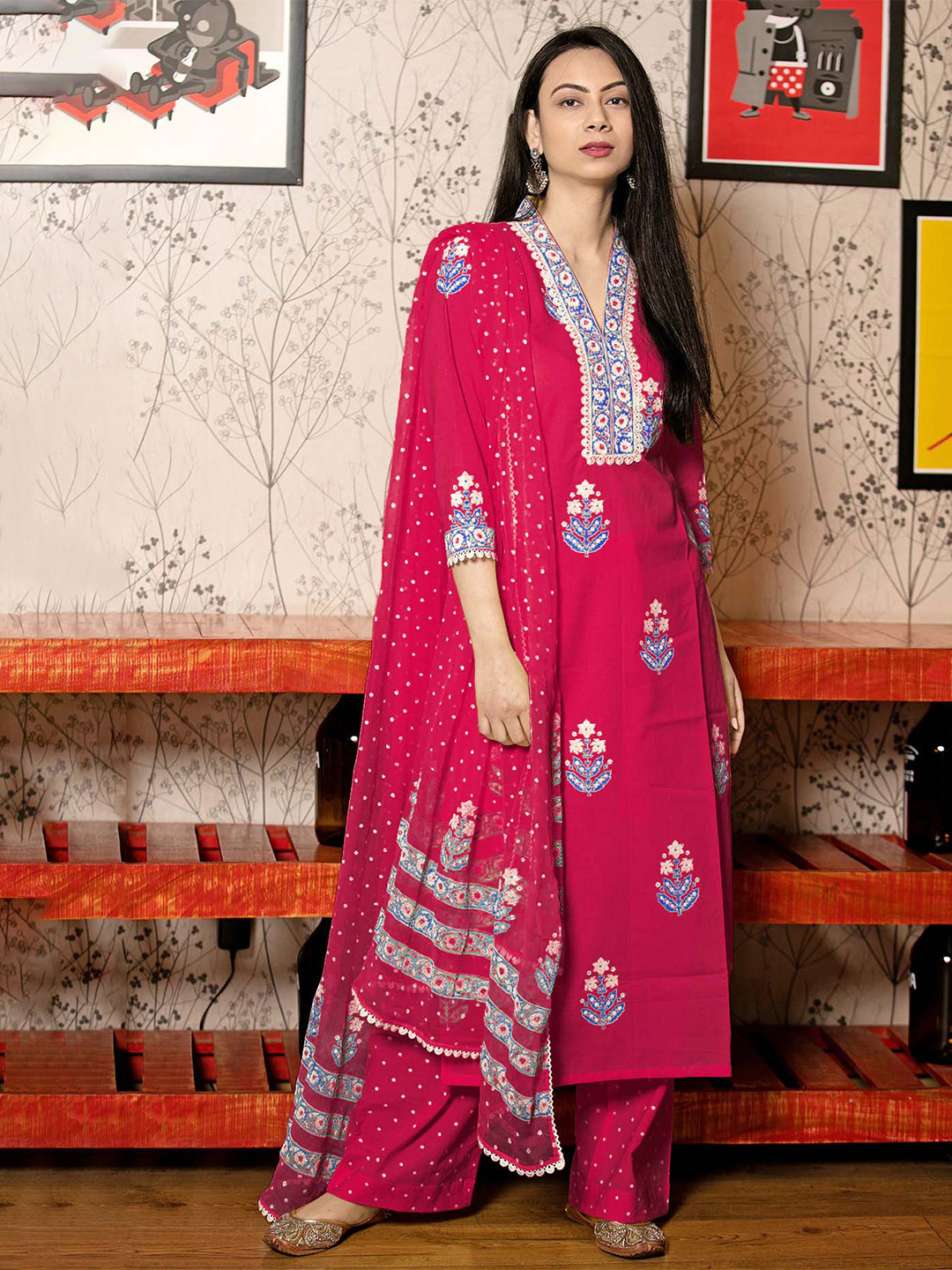 

KALINI Floral Printed Thread Work Straight Kurta With Trousers And Dupatta, Pink