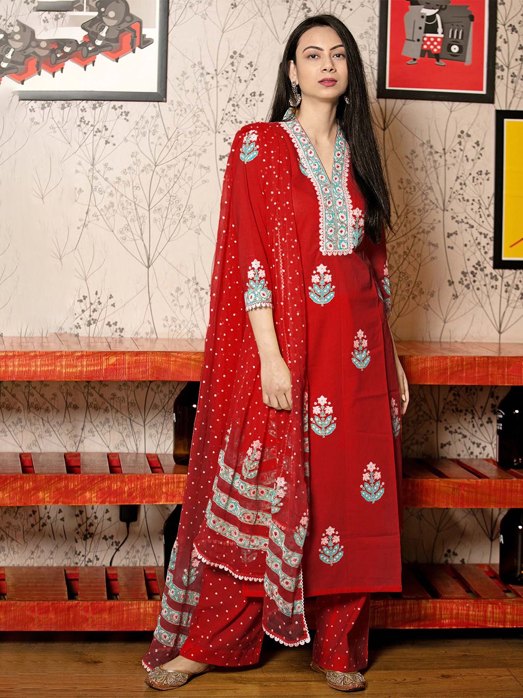 

KALINI Floral Printed Thread Work Straight Kurta With Trousers And Dupatta, Red