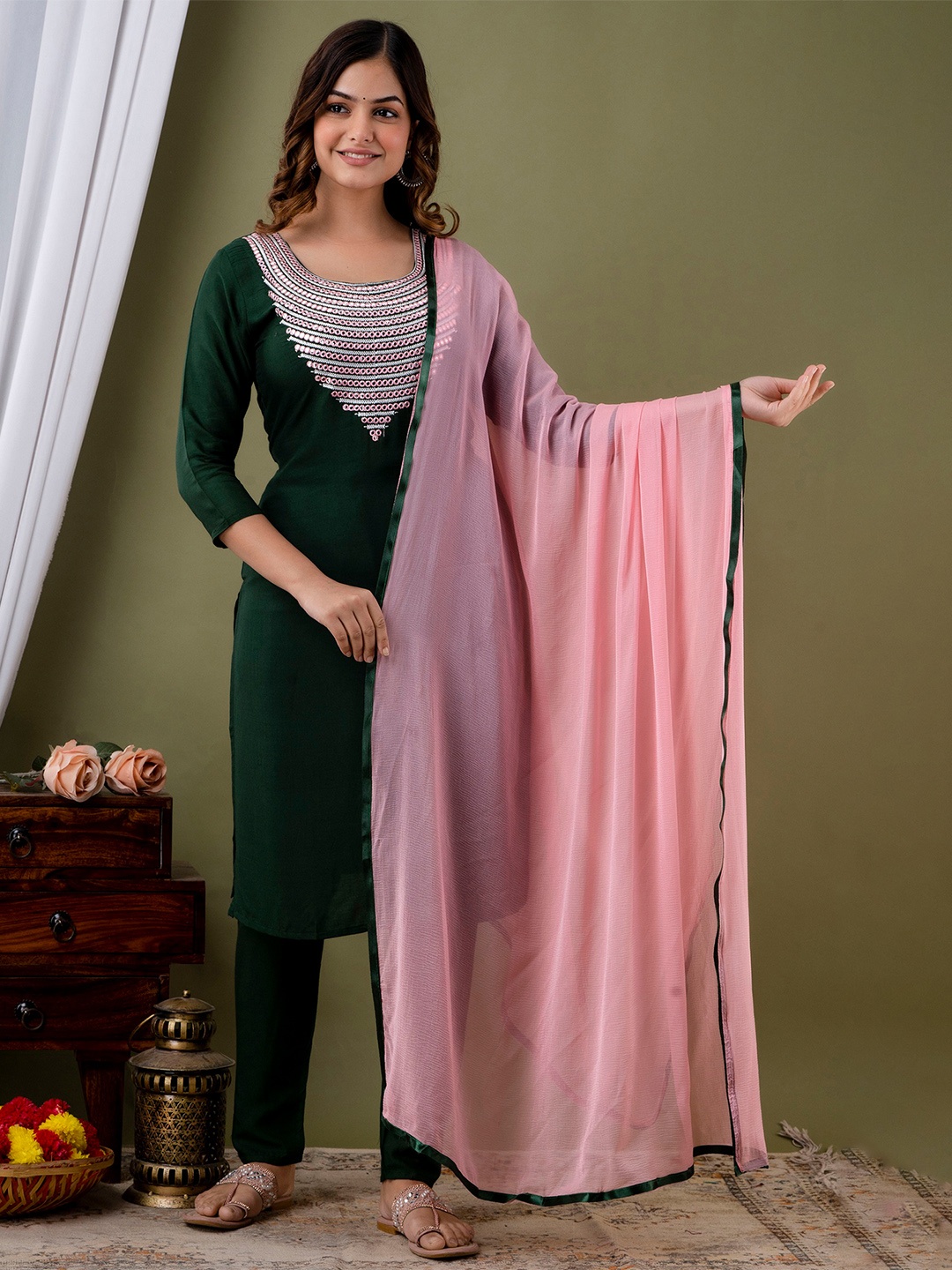 

Lookmark Mirror Work Round Neck Straight Kurta With Trouser And Dupatta, Green