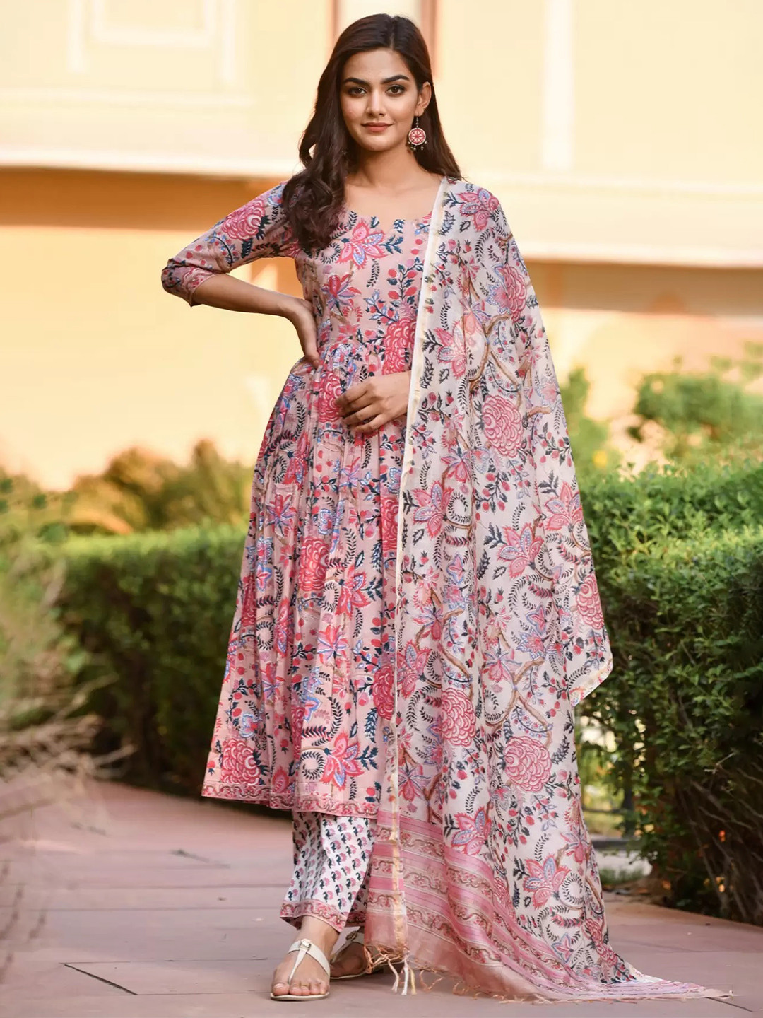 

Lookmark Floral Printed Empire Anarkali Kurta With Trouser And Dupatta, Peach