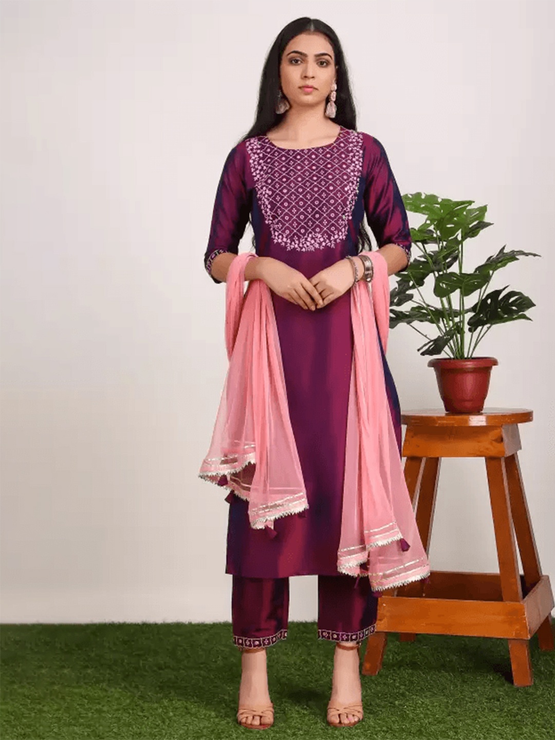 

Lookmark Ethnic Motifs Yoke Design Mirror Work Kurta With Trouser And Dupatta, Purple