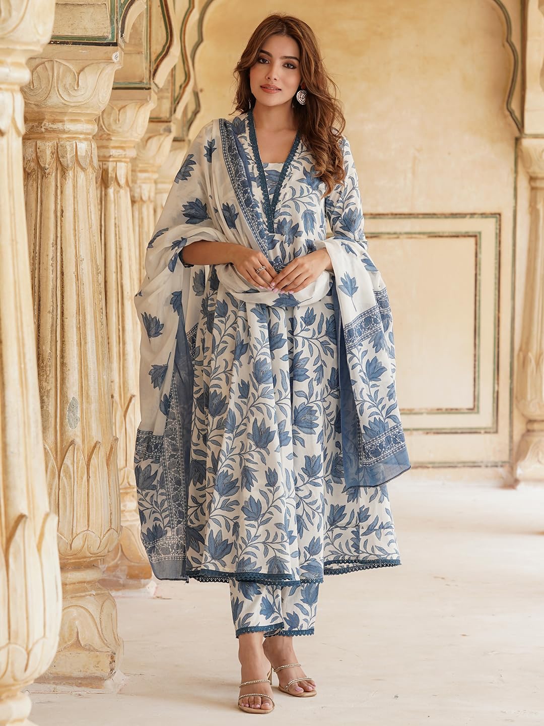 

Lookmark Floral Printed V-Neck Anarkali Kurta With Trousers And Dupatta, Blue