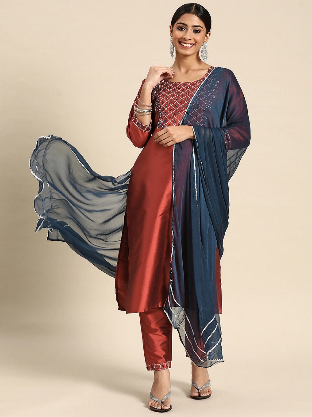 

Lookmark Ethnic Motifs Yoke Design Thread Work Kurta With Trouser And Dupatta, Red