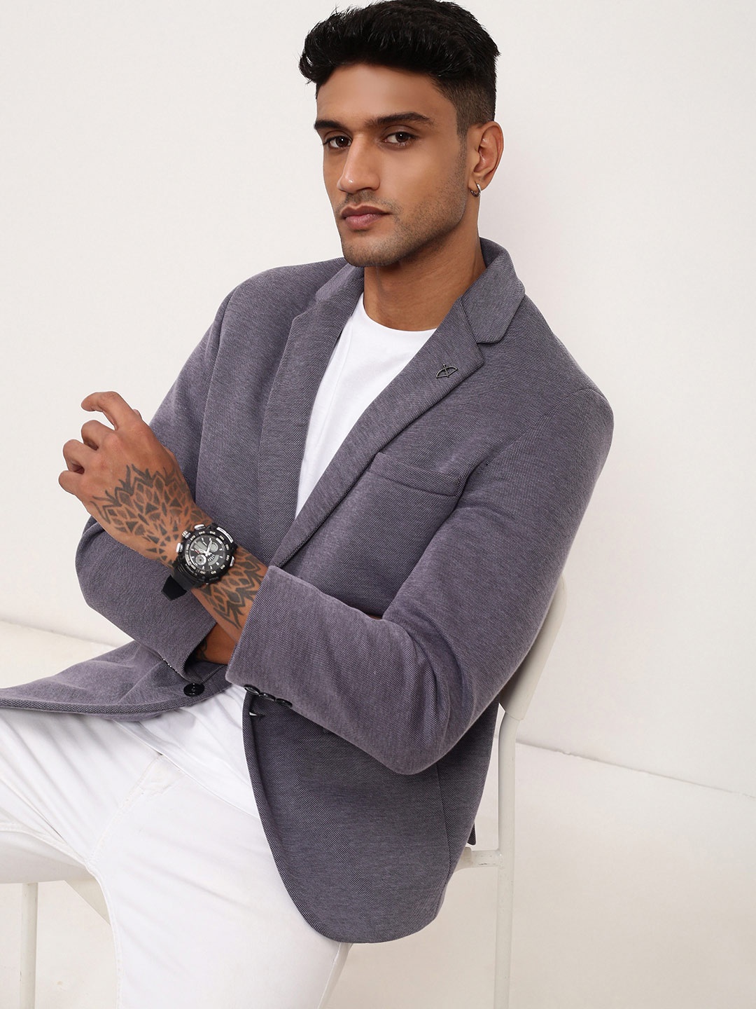 

SHOWOFF Self Design Slim Fit Single-Breasted Cotton Blazer, Grey