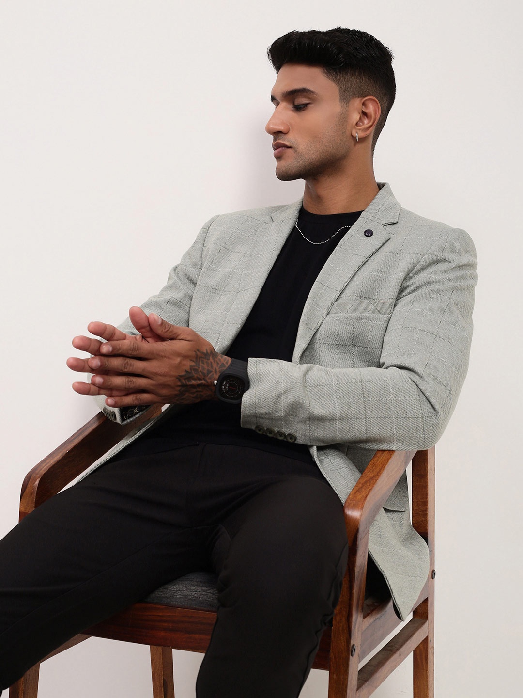 

SHOWOFF Checked Slim Fit Single-Breasted Cotton Blazer, Grey