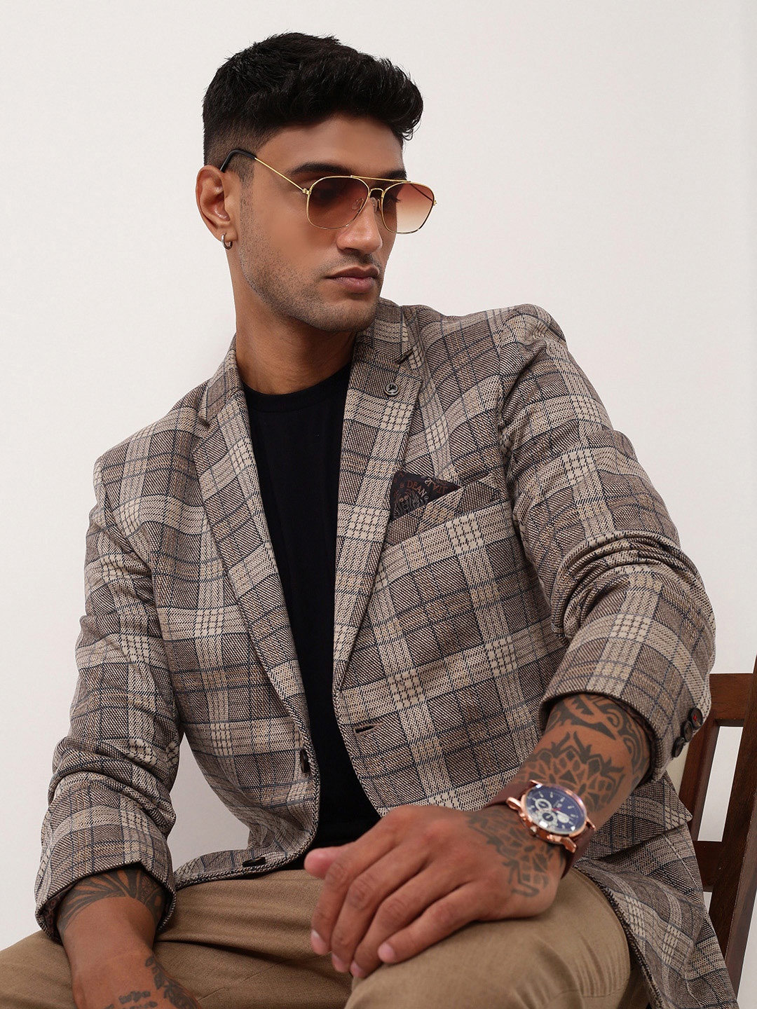 

SHOWOFF Checked Slim Fit Notched Lapel Single-Breasted Cotton Blazer, Grey