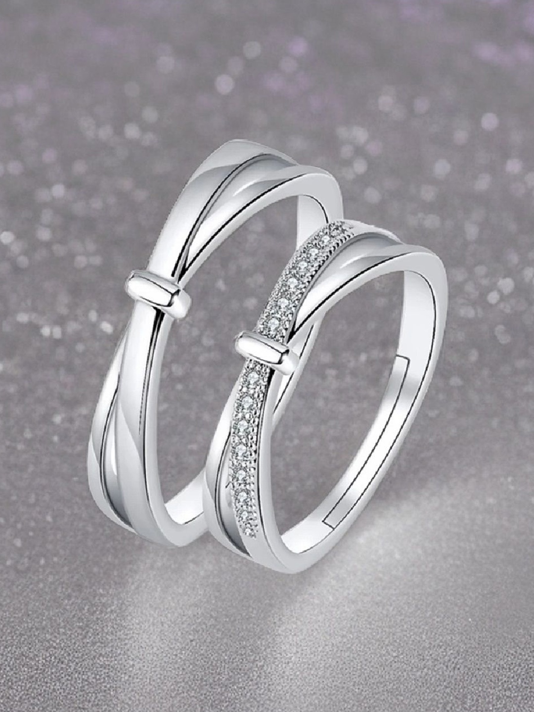 

RUHI COLLECTION Unisex Set Of 2 Silver-Plated Stainless Steel CZ-Studded 7028 Couple Rings
