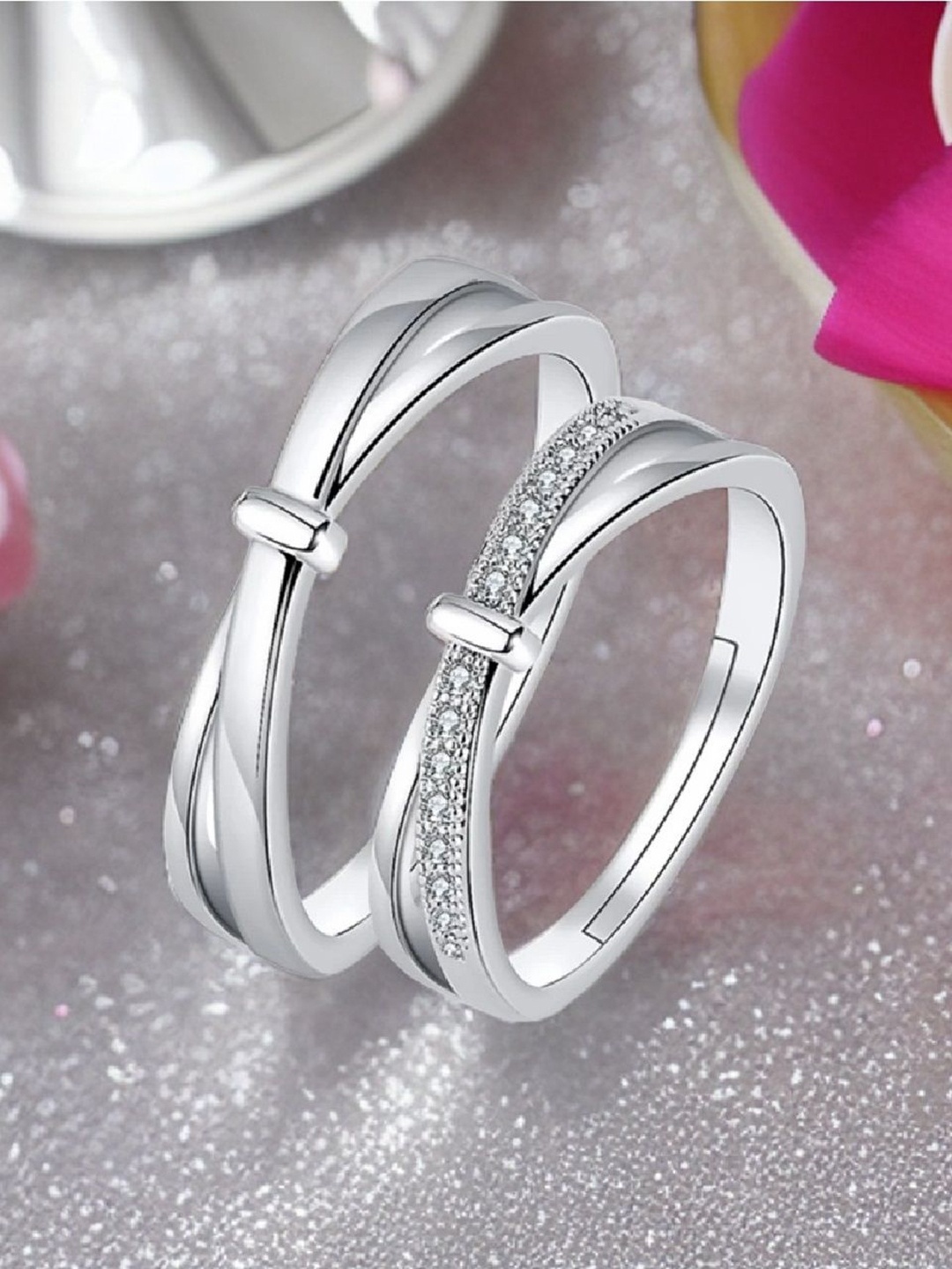 

RUHI COLLECTION Unisex Set Of 2 Silver-Plated Stainless Steel CZ-Studded 7028 Couple Rings
