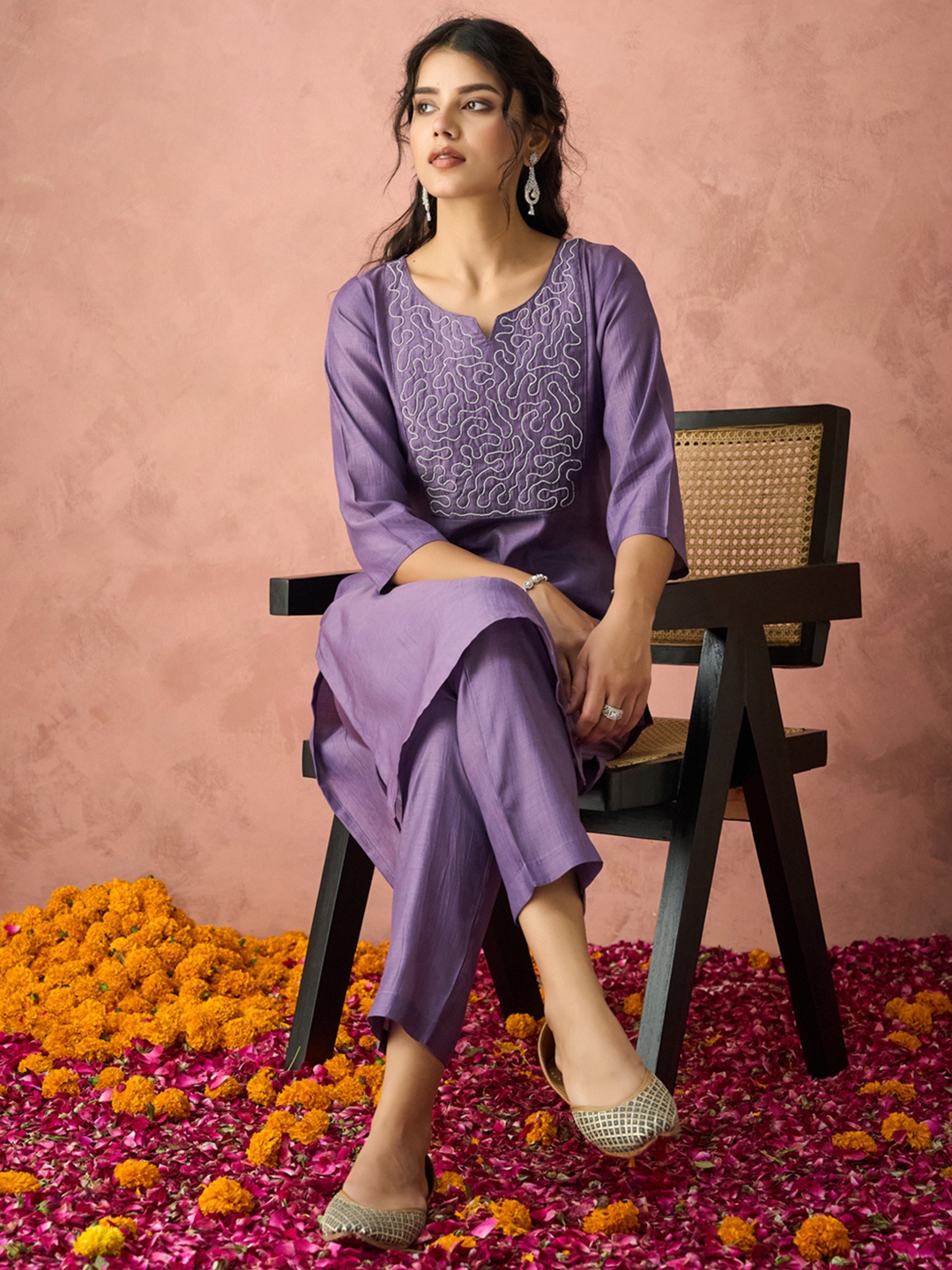 

KALINI Embroidered Thread Work Straight Kurta With Trouser, Lavender