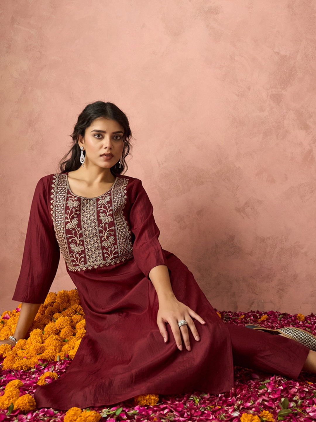 

KALINI Floral Embroidered Thread Work Straight Kurta With Trousers, Maroon