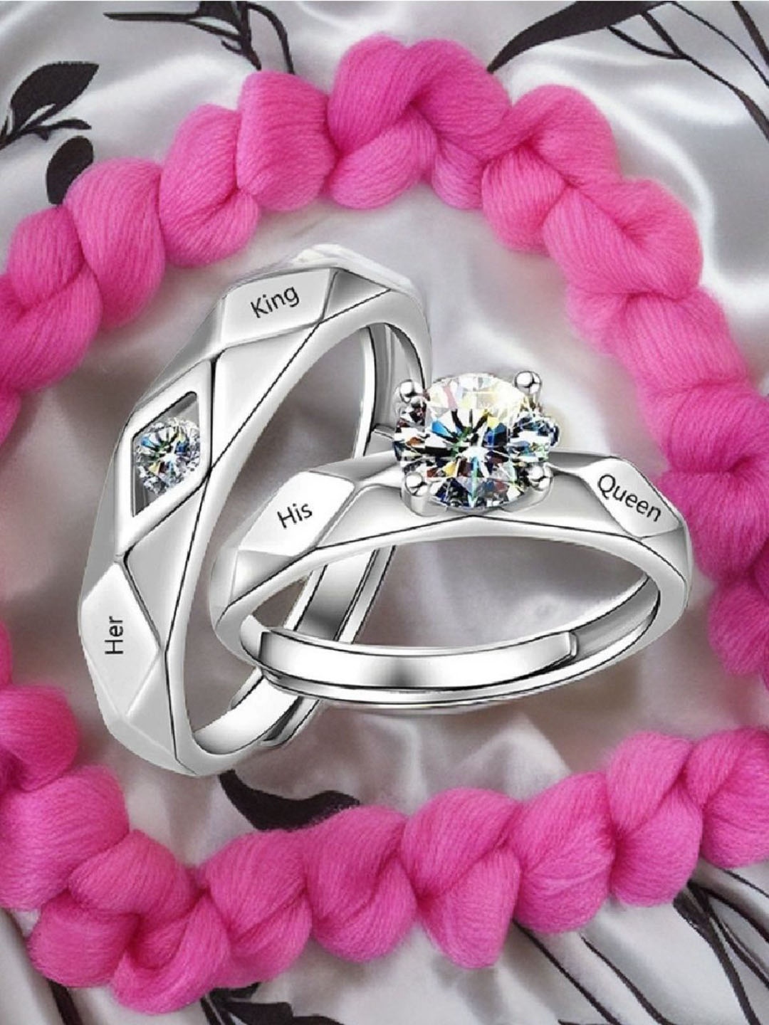

RUHI COLLECTION Unisex Set Of 2 Silver-Plated Stainless Steel CZ-Studded 7026 Couple Rings
