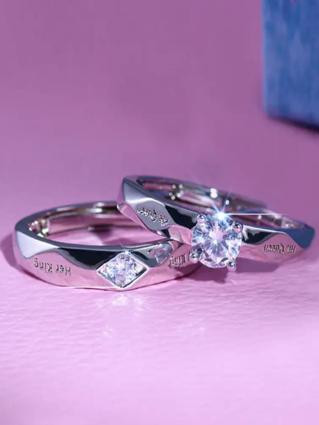 

RUHI COLLECTION Unisex Set Of 2 Silver-Plated Stainless Steel CZ-Studded 7026 Couple Rings