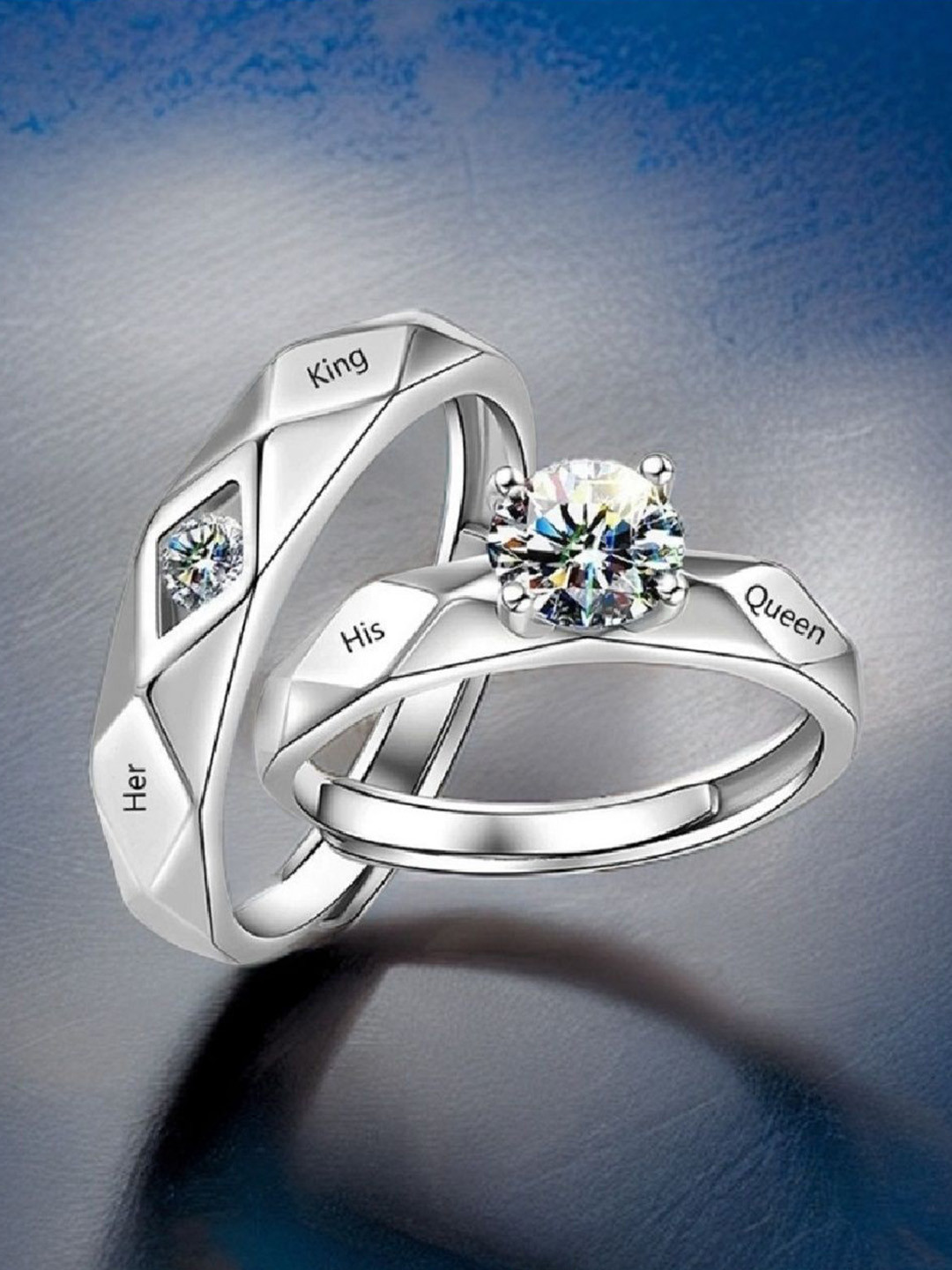 

RUHI COLLECTION Unisex Set Of 2 Silver-Plated Stainless Steel CZ-Studded 7026 Couple Rings