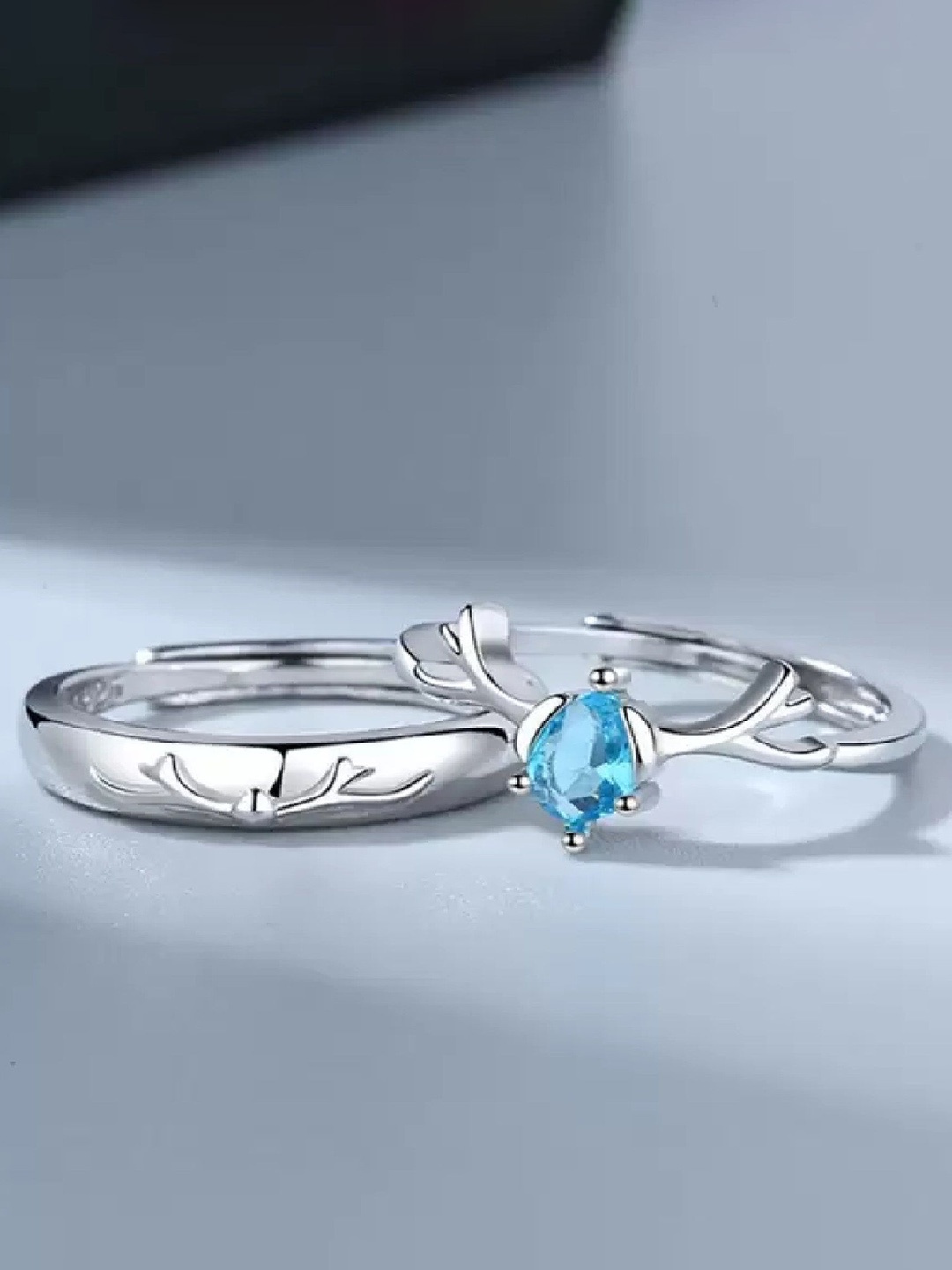 

RUHI COLLECTION Unisex Set Of 2 Silver-Plated Stainless Steel CZ-Studded 7025 Couple Rings