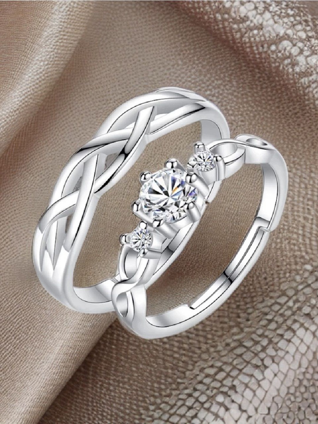 

RUHI COLLECTION Unisex Set Of 2 Silver-Plated Stainless Steel CZ-Studded 7027 Couple Rings