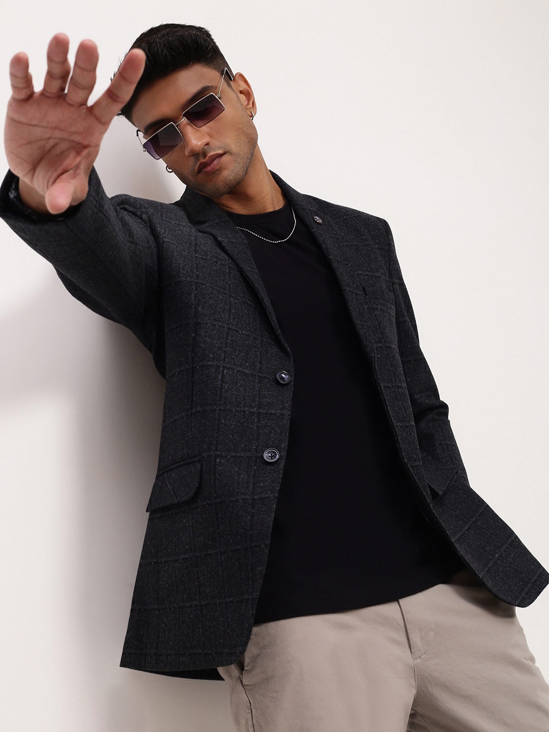 

SHOWOFF Checked Slim Fit Single-Breasted Cotton Blazer, Black