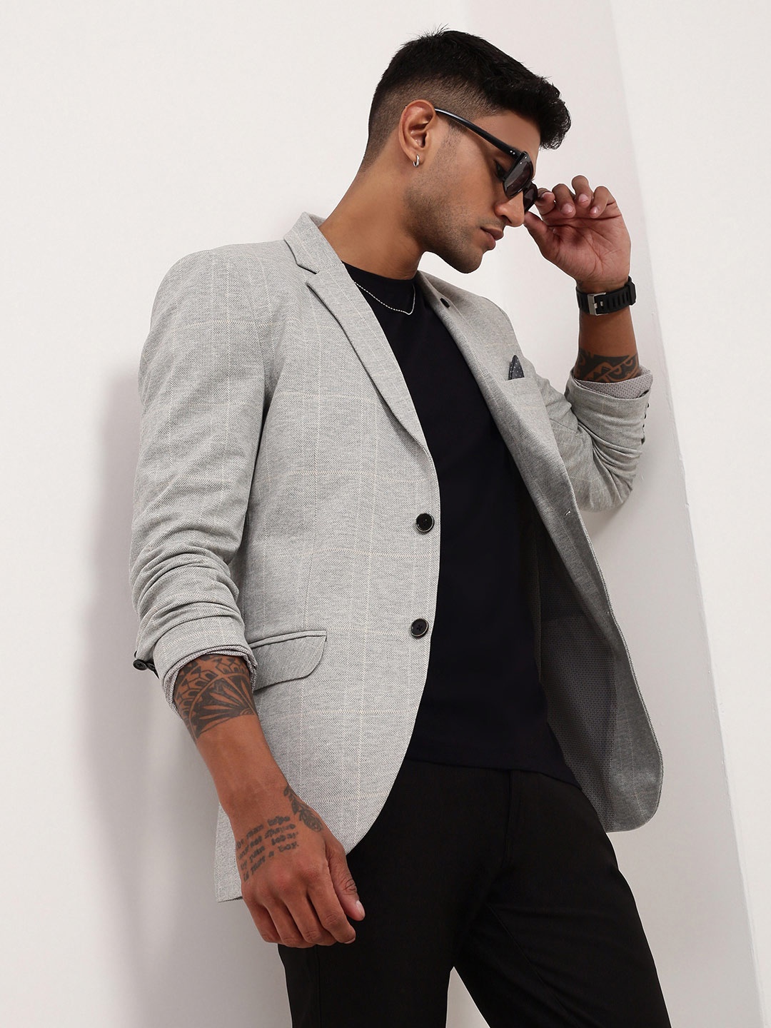 

SHOWOFF Checked Slim Fit Single-Breasted Cotton Blazer, Grey