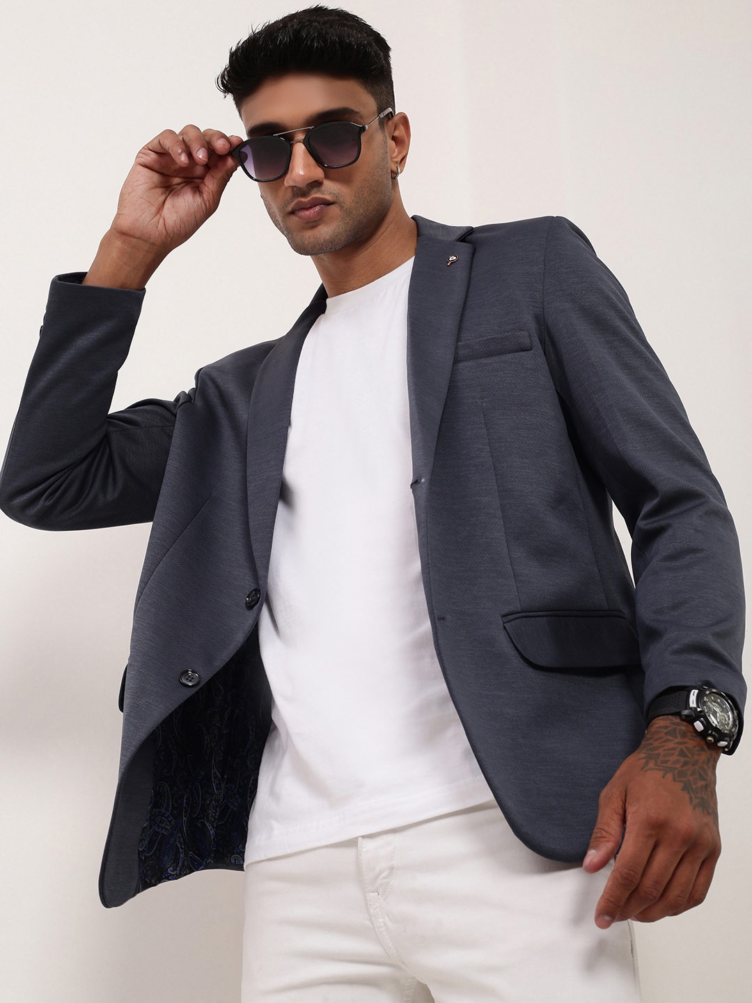 

SHOWOFF Slim Fit Single-Breasted Cotton Blazer, Grey