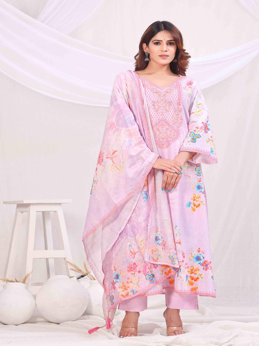 

sewingkrafts Floral Printed Sequinned Pure Cotton A-Line Kurta With Trousers And Dupatta, Pink