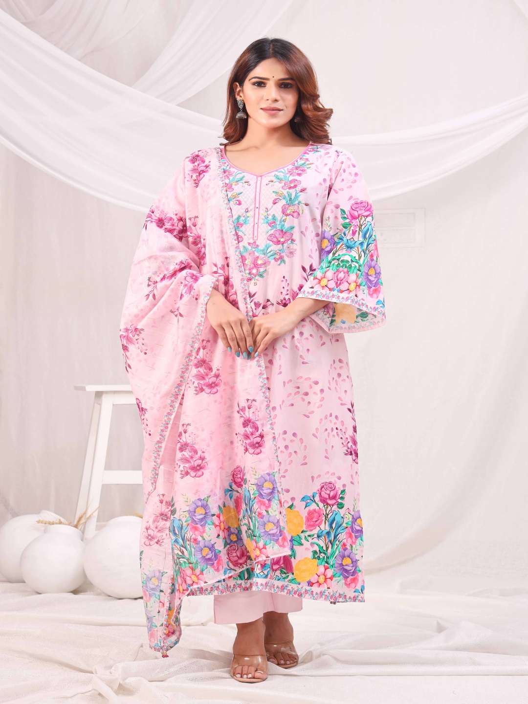 

sewingkrafts Floral Printed Sequinned Pure Cotton A-Line Kurta With Trousers And Dupatta, Pink