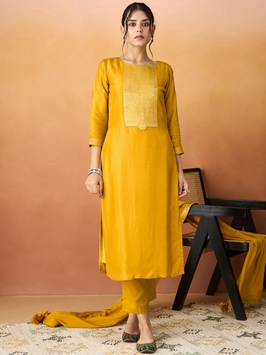 

HRITIKA Ethnic Motifs Woven Design Round Neck Straight Kurta With Trousers And Dupatta, Yellow