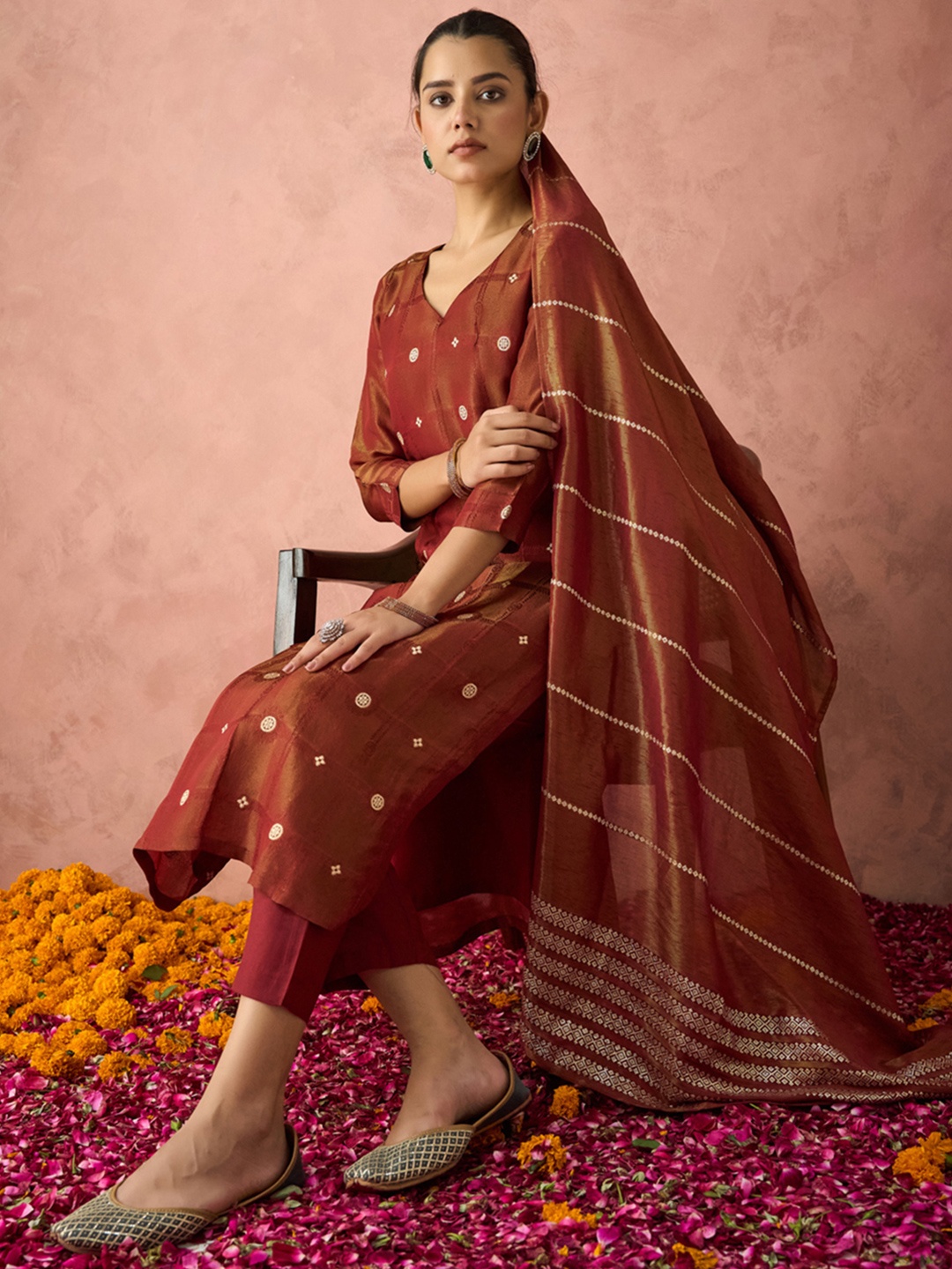 

HRITIKA Ethnic Motifs Woven Design V-Neck Straight Kurta With Trousers & Dupatta, Maroon