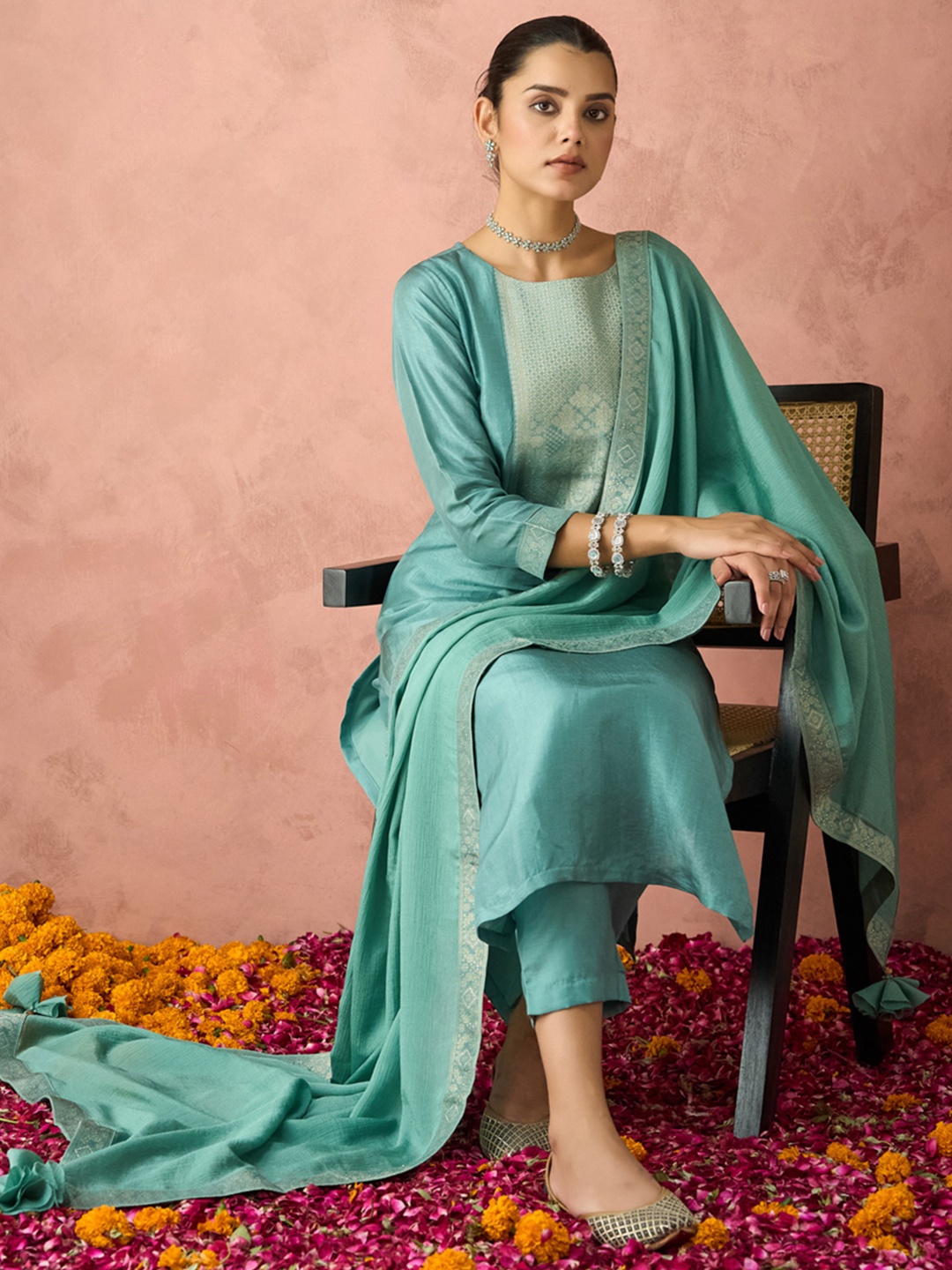 

HRITIKA Ethnic Motifs Woven Design Round Neck Straight Kurta With Trousers & Dupatta, Teal