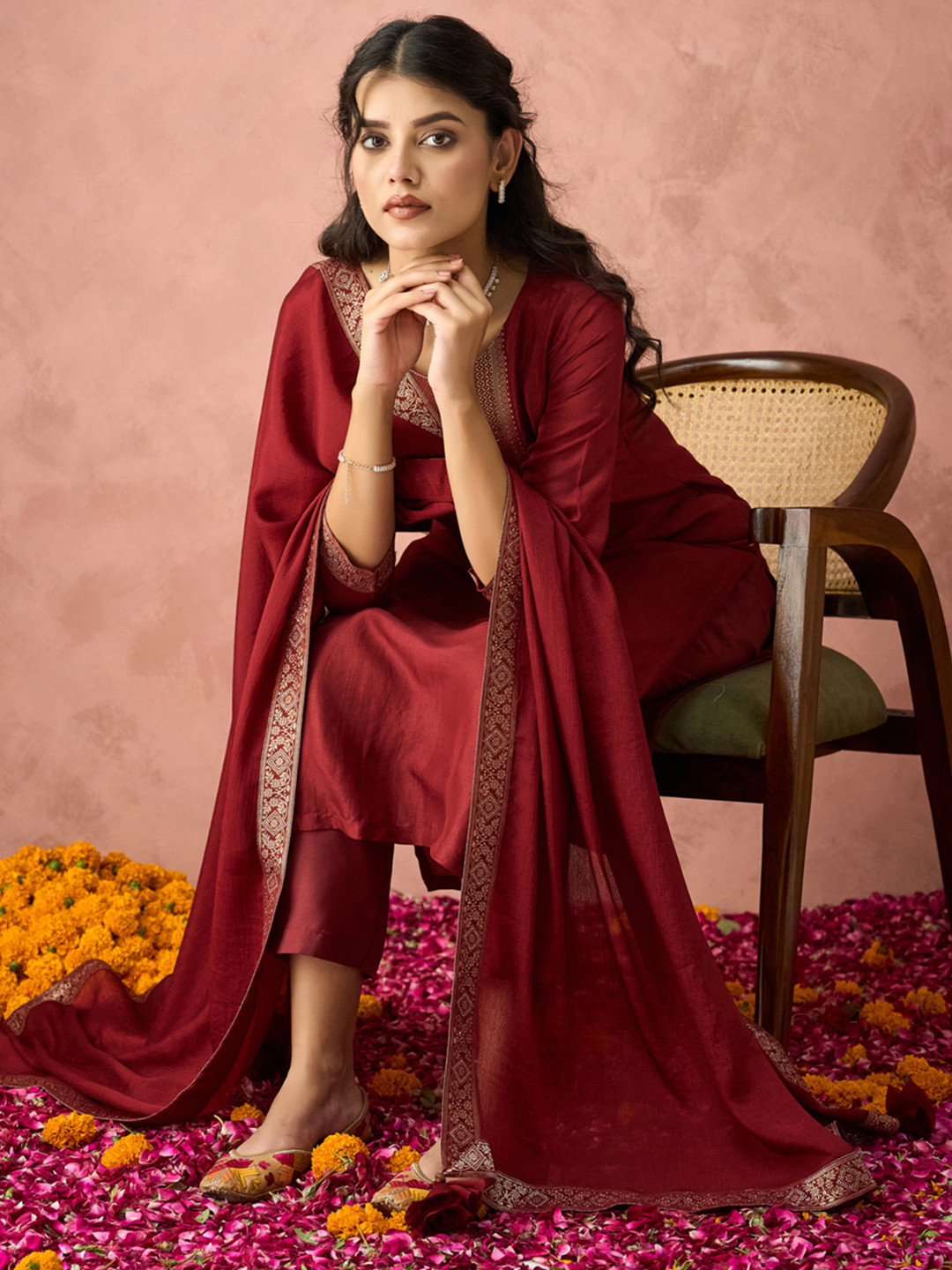 

HRITIKA Floral Woven Design Round Neck Straight Kurta With Trousers And Dupatta, Maroon