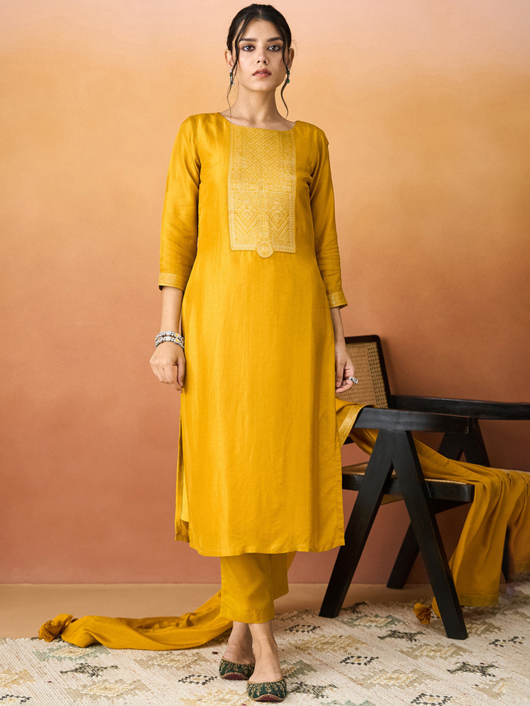

KALINI Ethnic Motifs Patch Work Straight Kurta With Trouser And Dupatta, Yellow