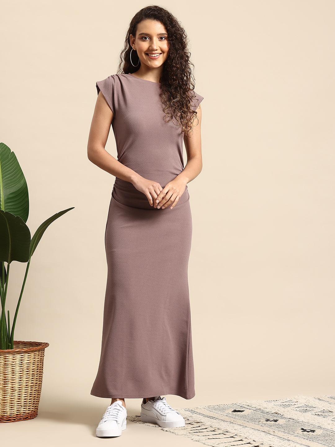 

Mast & Harbour Solid Boat Neck Extended Sleeve Maxi Dress with Ruched Detail, Taupe